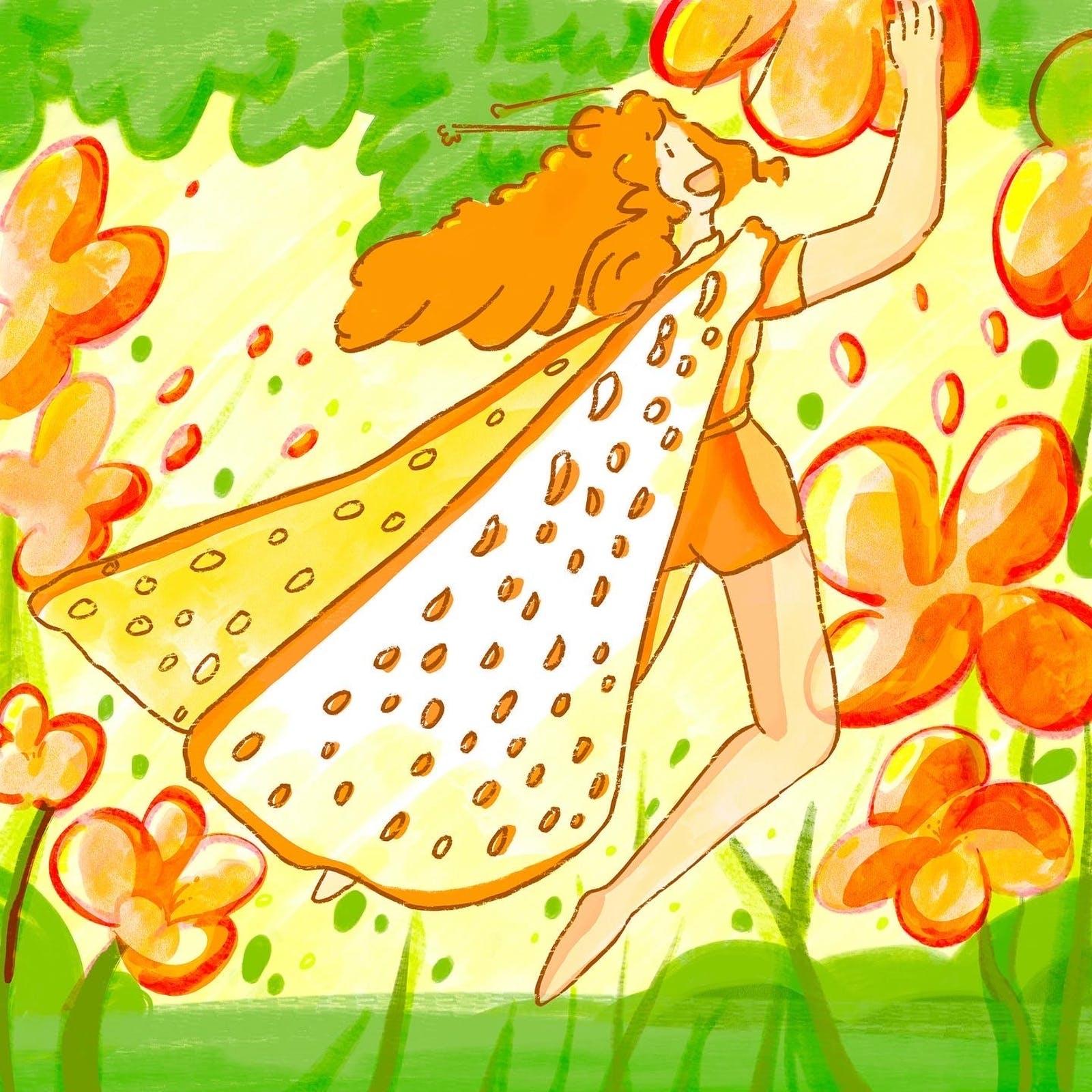 Colourful character with wing like objects on each shoulder embraces orange flowers
