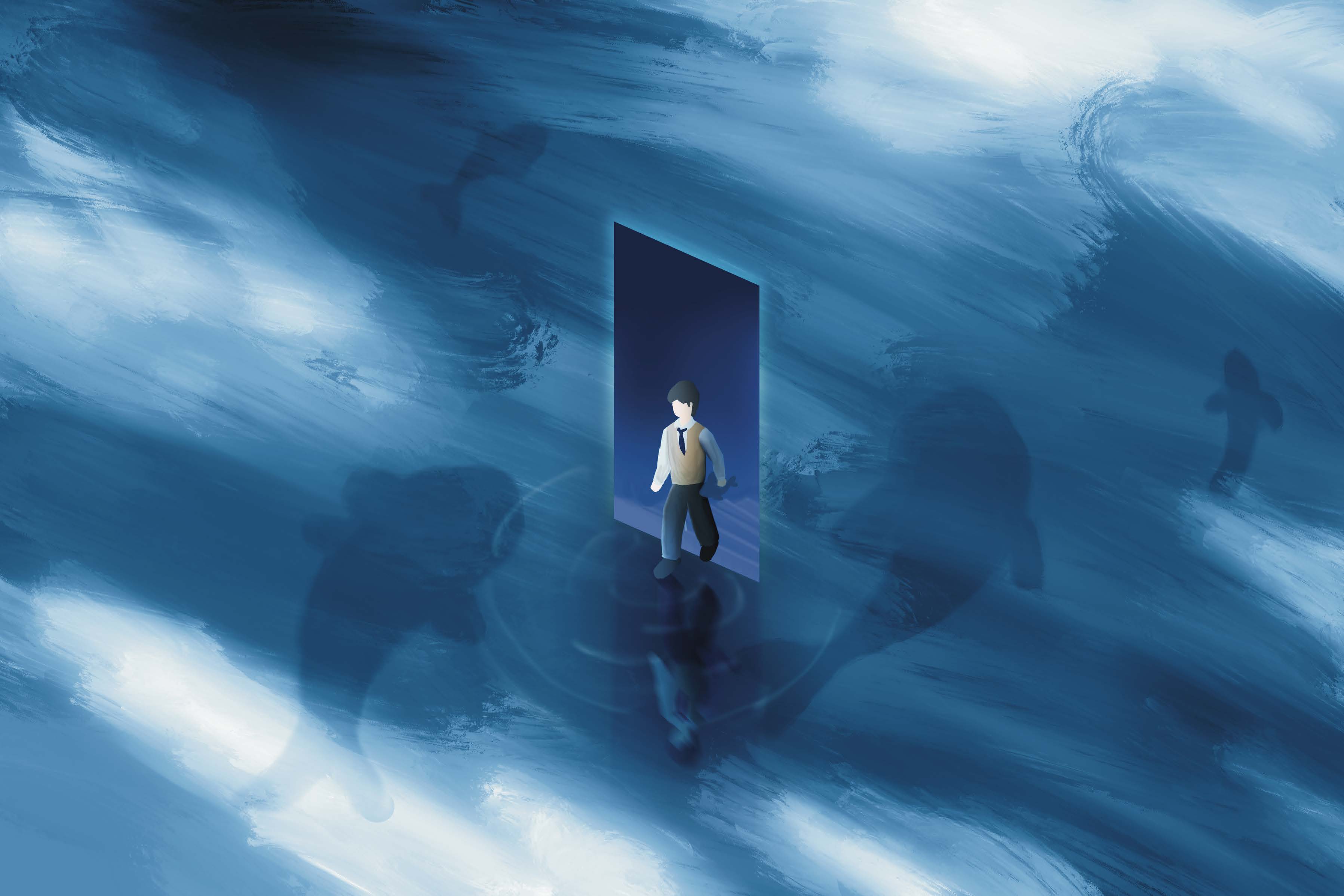 An illustration of a person standing in a glowing doorway amid swirling blue water, with shadowy figures in the background.
