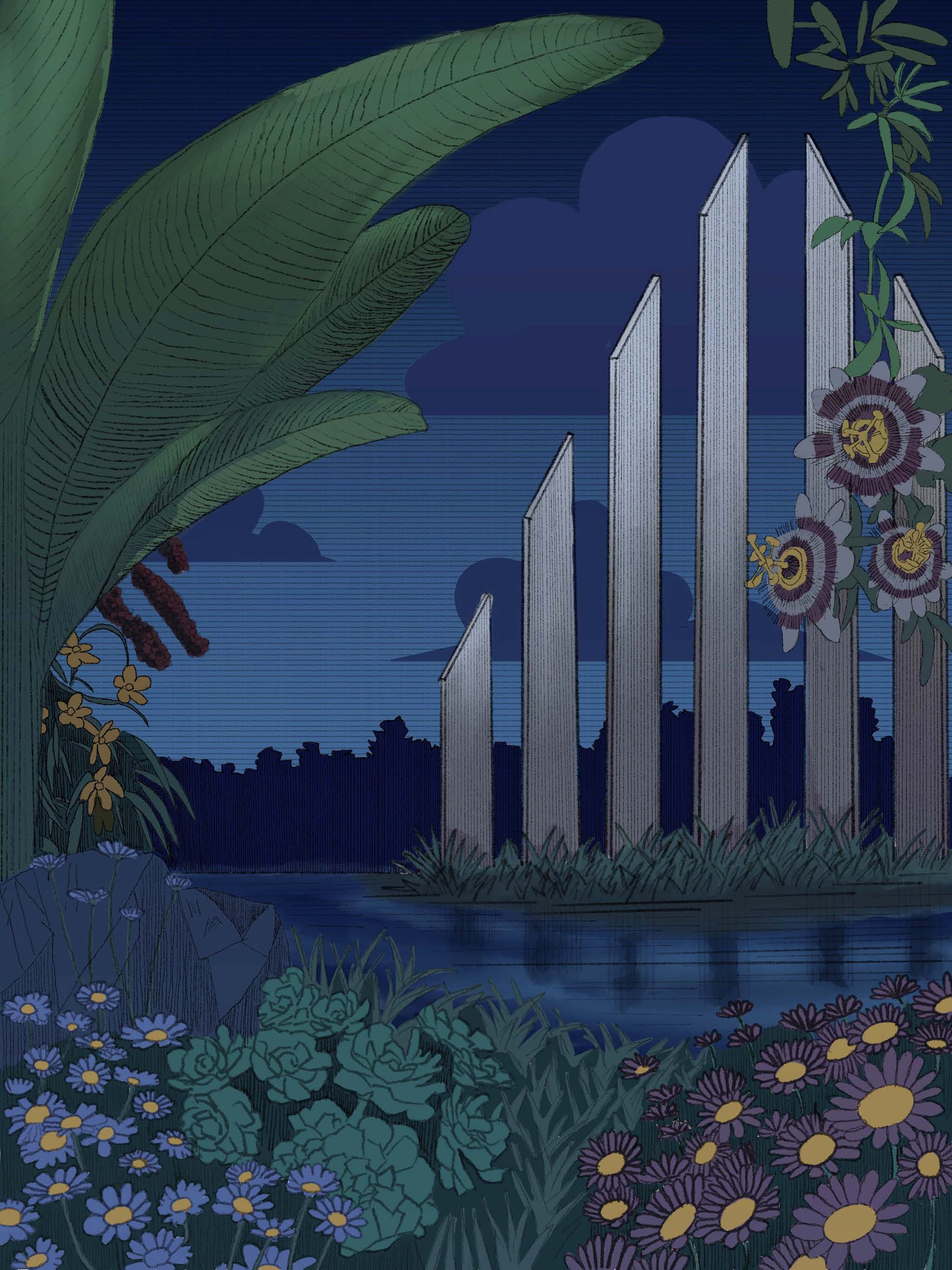 A stylised illustration of tall silver panels beside a calm pool at night, framed by large tropical leaves and flowers in the foreground.