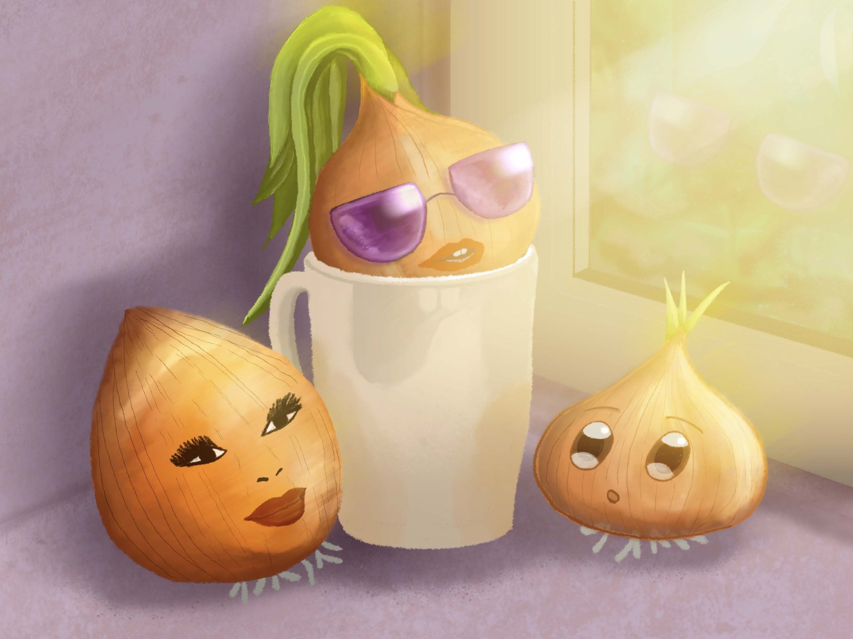 Three cartoon onions on a purple surface, including one in a white mug wearing purple sunglasses beside a bright window.