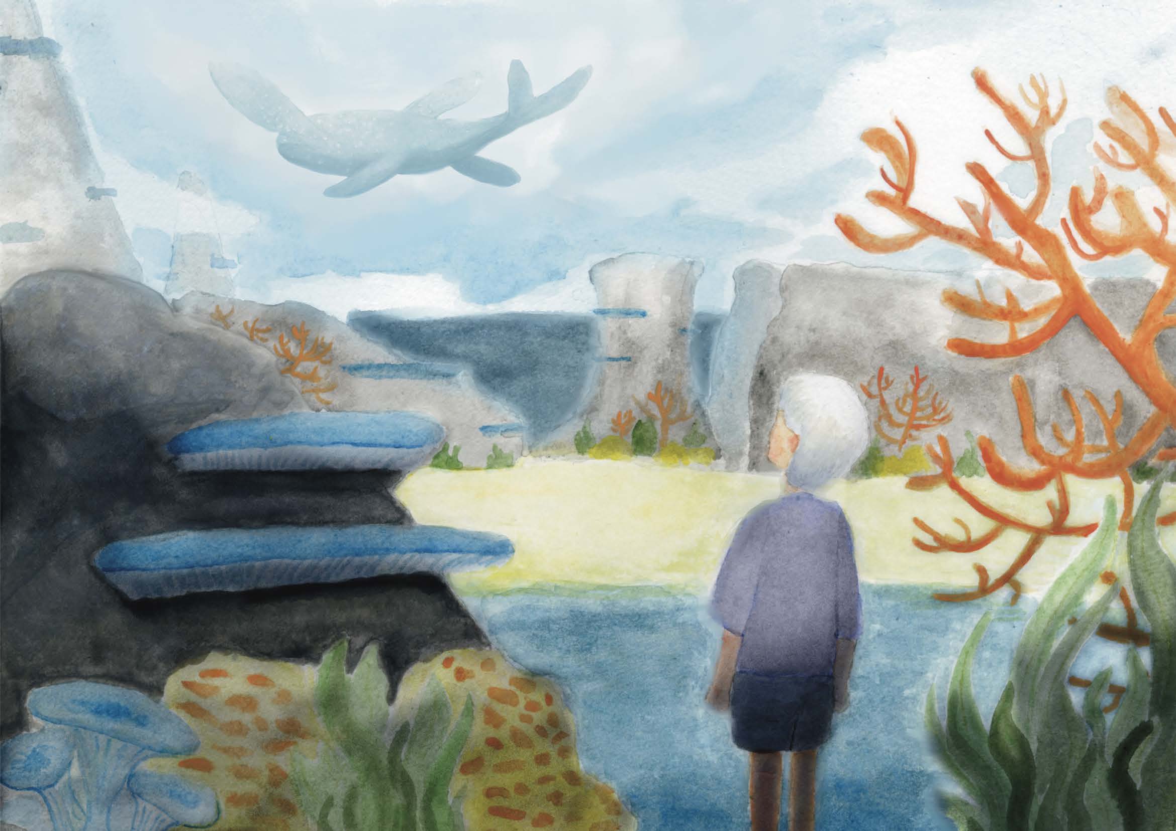 A painted underwater scene shows a child standing beside coral and rocks, with a large fish swimming overhead and cliffs in the background.