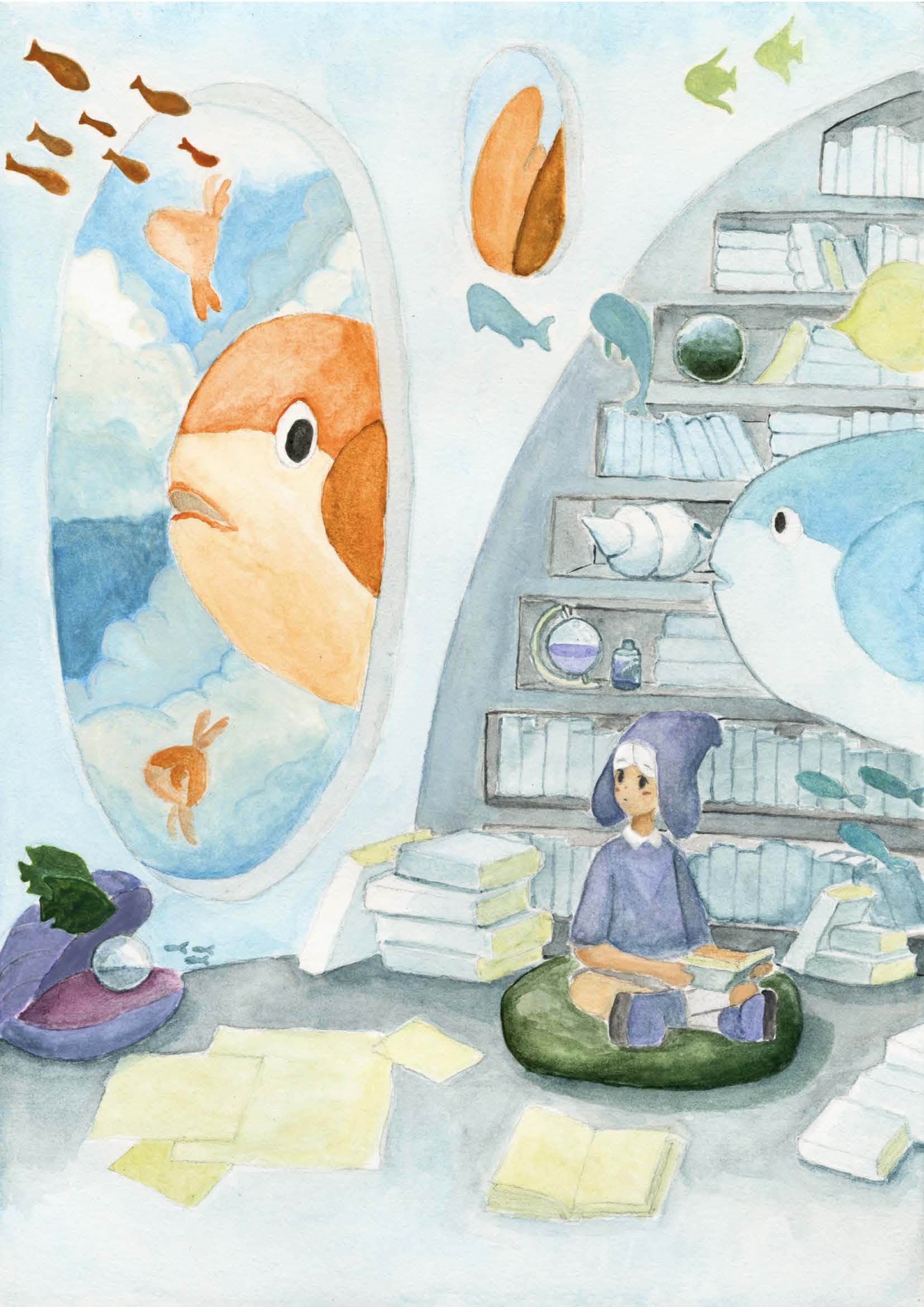 A child in a blue hood sits on a green cushion in a room with stacked books, while large fish and birds appear in overlapping painted scenes on the walls.