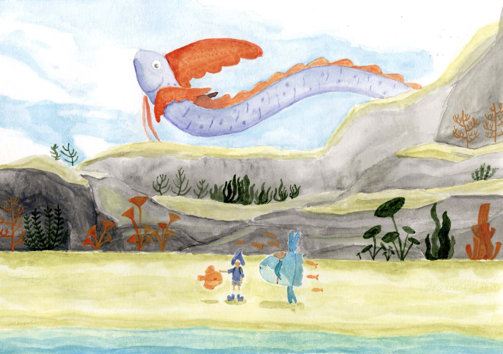 A large purple and orange flying fish hovers over a rocky shoreline, with a small child and a blue figure standing below near the water's edge.