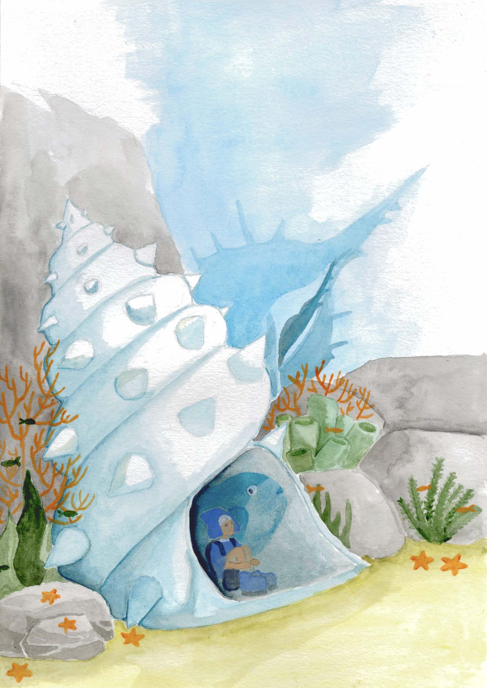 A watercolour-style illustration of a large pale blue seashell on a sandy seabed, with small fish inside, coral, rocks and a starfish nearby.