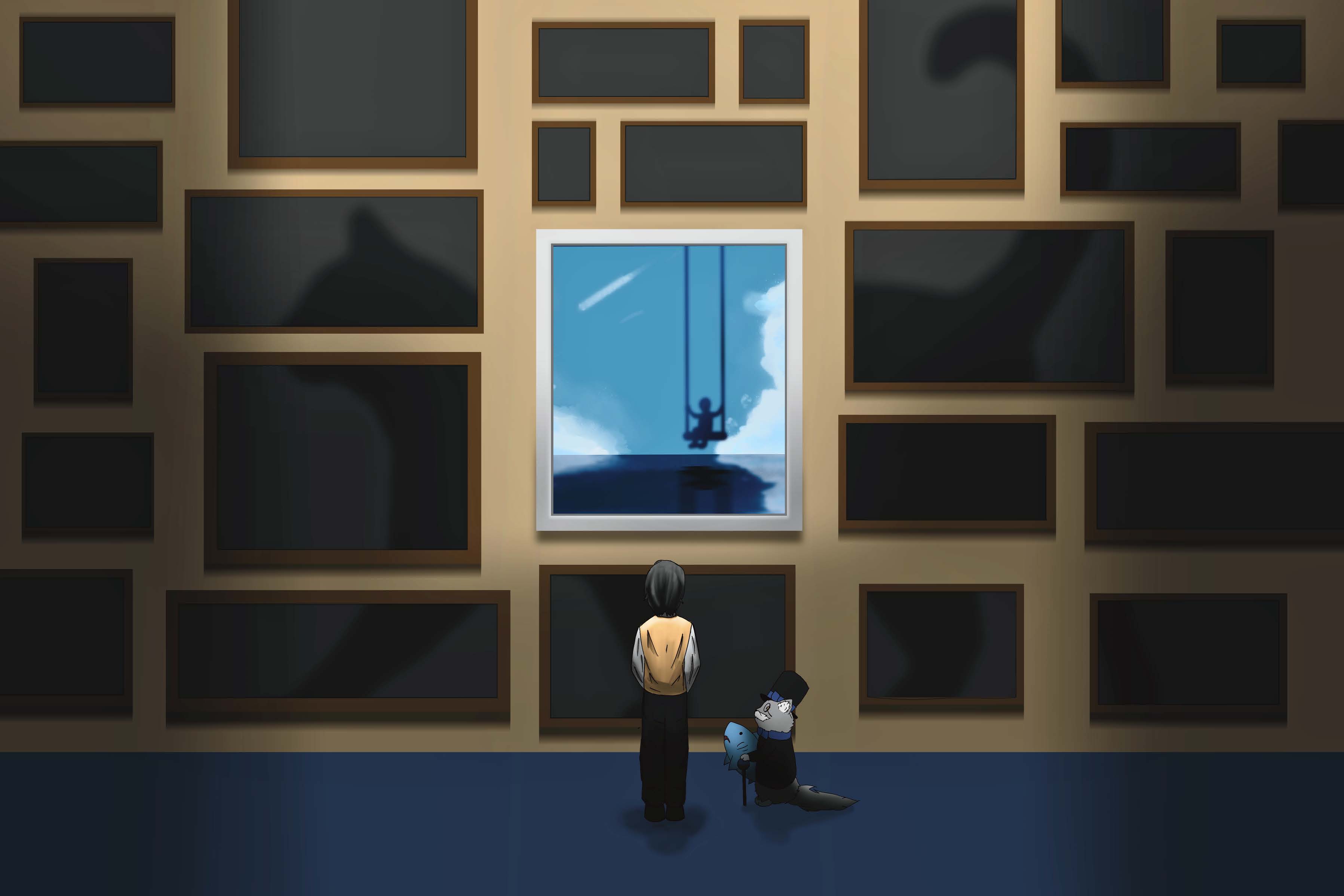 A child with a backpack stands beside another child in front of a wall of framed pictures, with a central window showing a swing against a blue sky.
