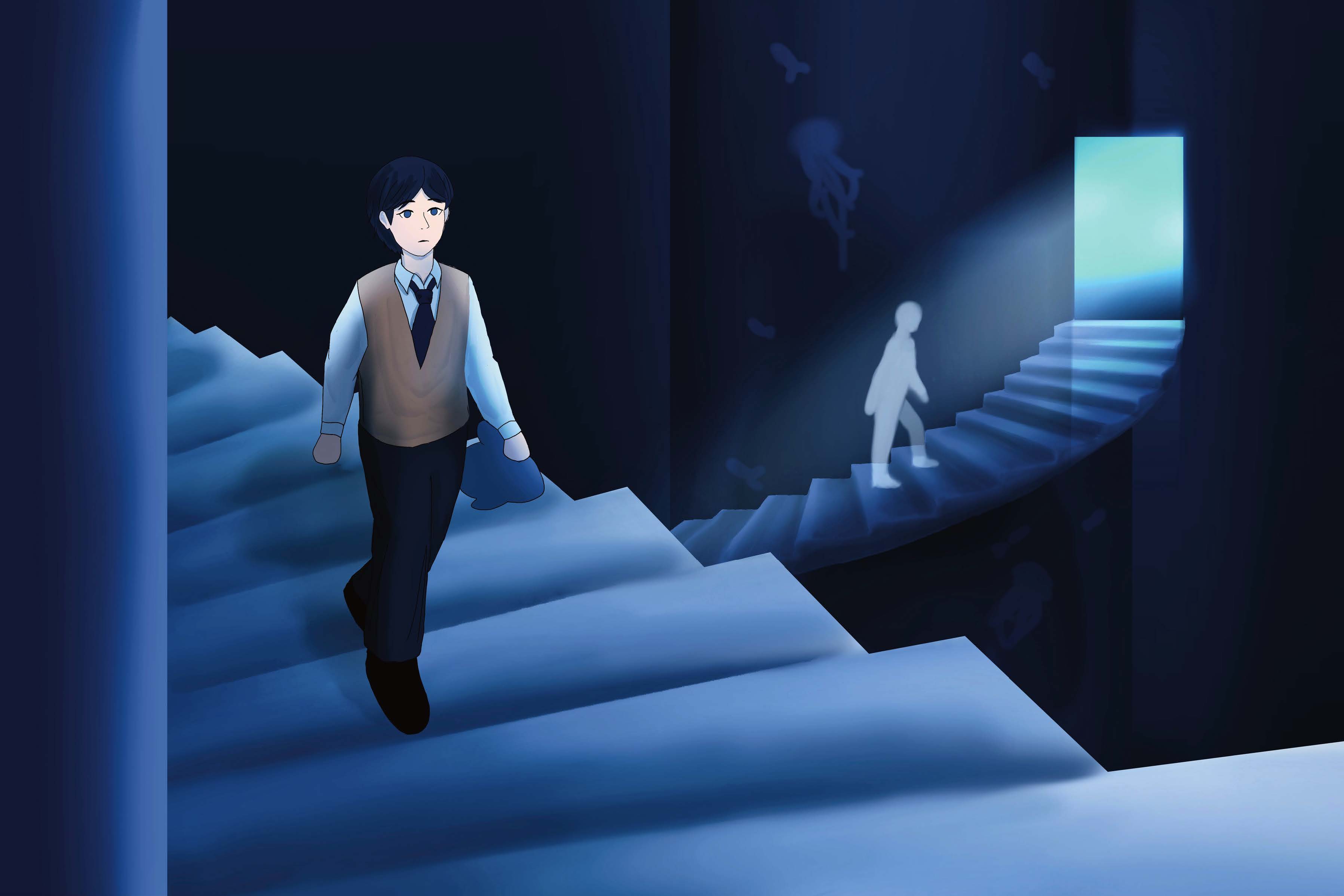 An illustrated young man in a shirt and vest walks down blue steps in a dark interior, with a glowing stairway and a white silhouette in the background.