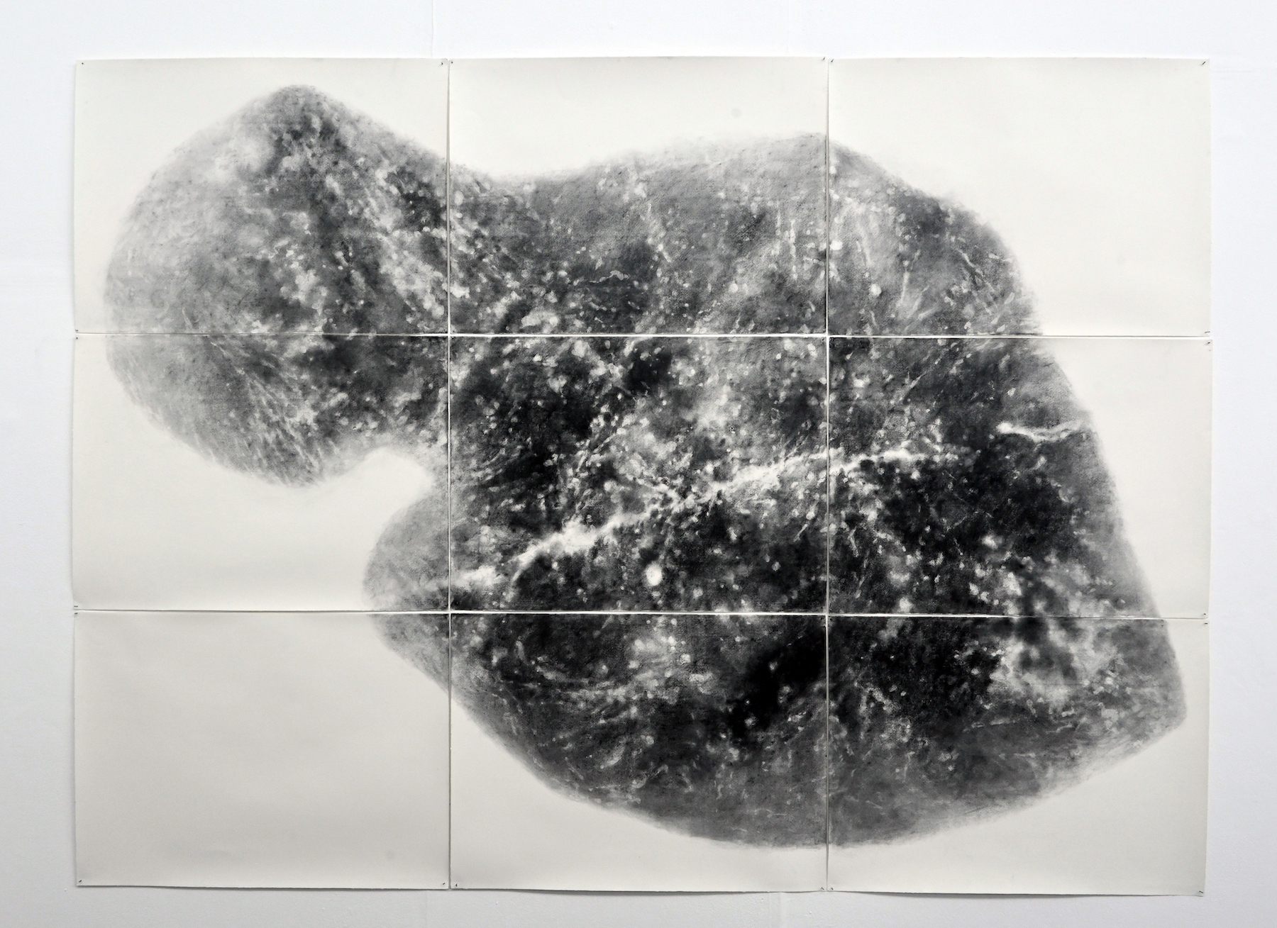 A black and white charcoal drawing on nine sheets of paper of a human body or star system.