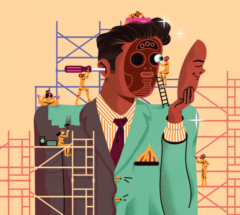 Miniature people on a series of scaffolding. Some of them are painting a larger person's suit a different colour, one is standing on the larger person's shoulder sticking a screwdriver in their ear. The large person has taken their face off. A miniature person is on a ladder attaching the larger person's eye.