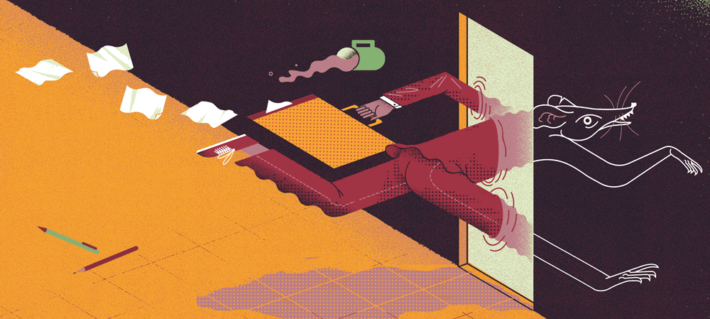 Illustration of a person running through a door and turns into a rat as they go through.