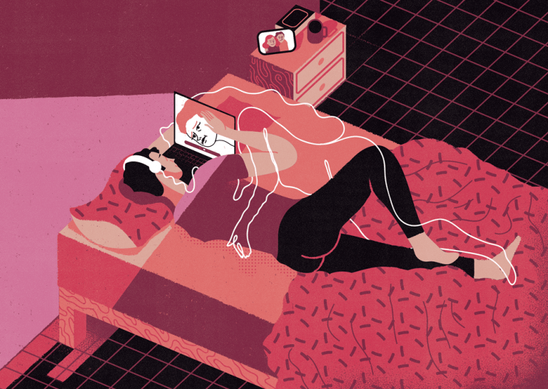 A man lies in bed facing a laptop with a woman's face on the screen and the outline of her body wrapped around his.