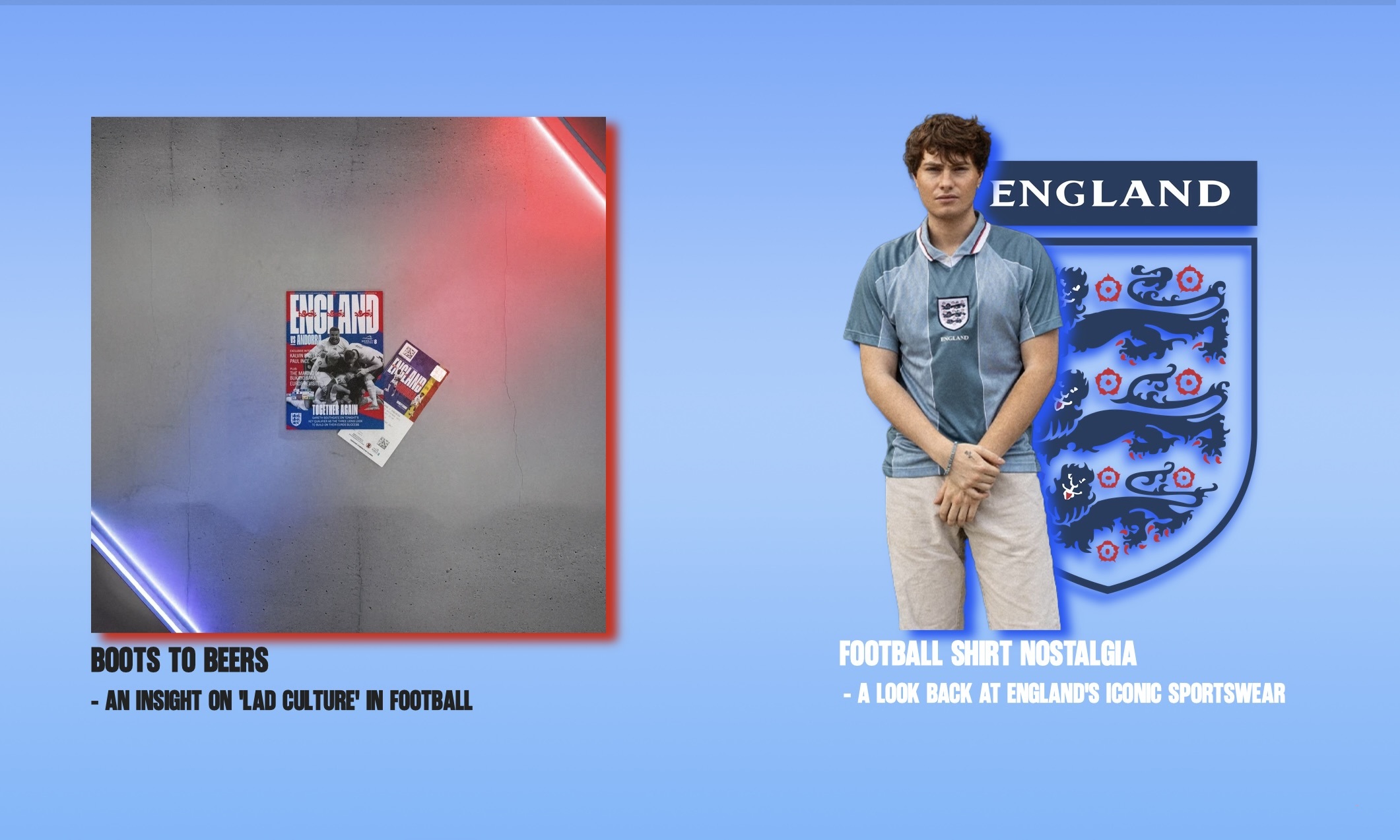 Man in light blue shirt and beige trousers stands beside England football crest. Left panel shows book cover with boots imagery.