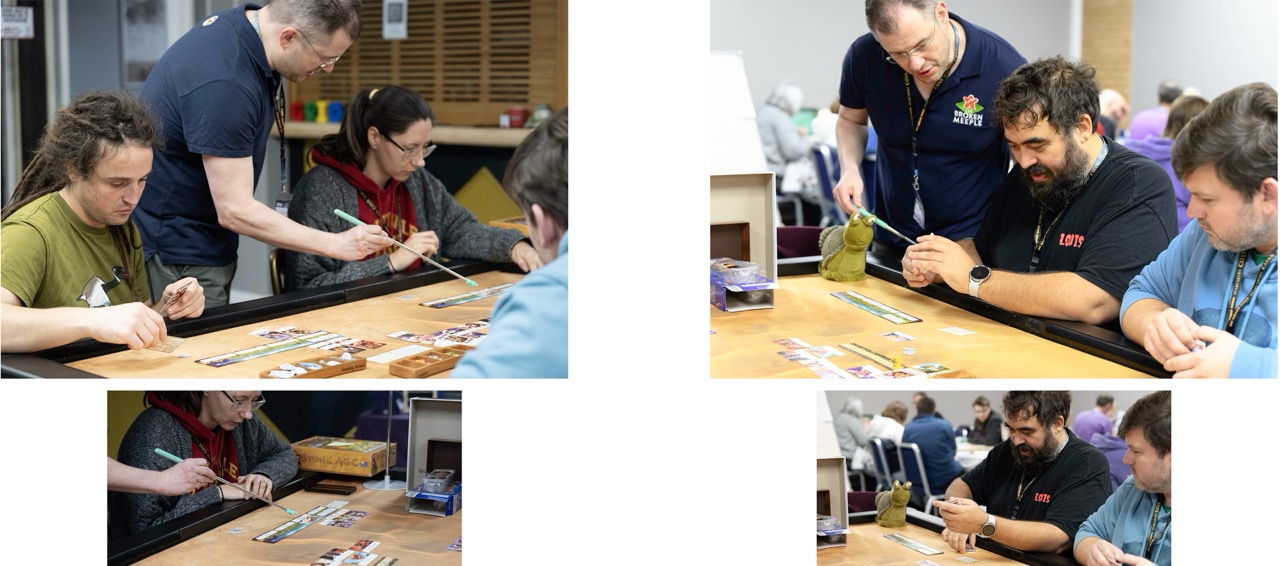 People gather around a table playing a card game, with close-up and wider shots of the same activity in a bright indoor room.
