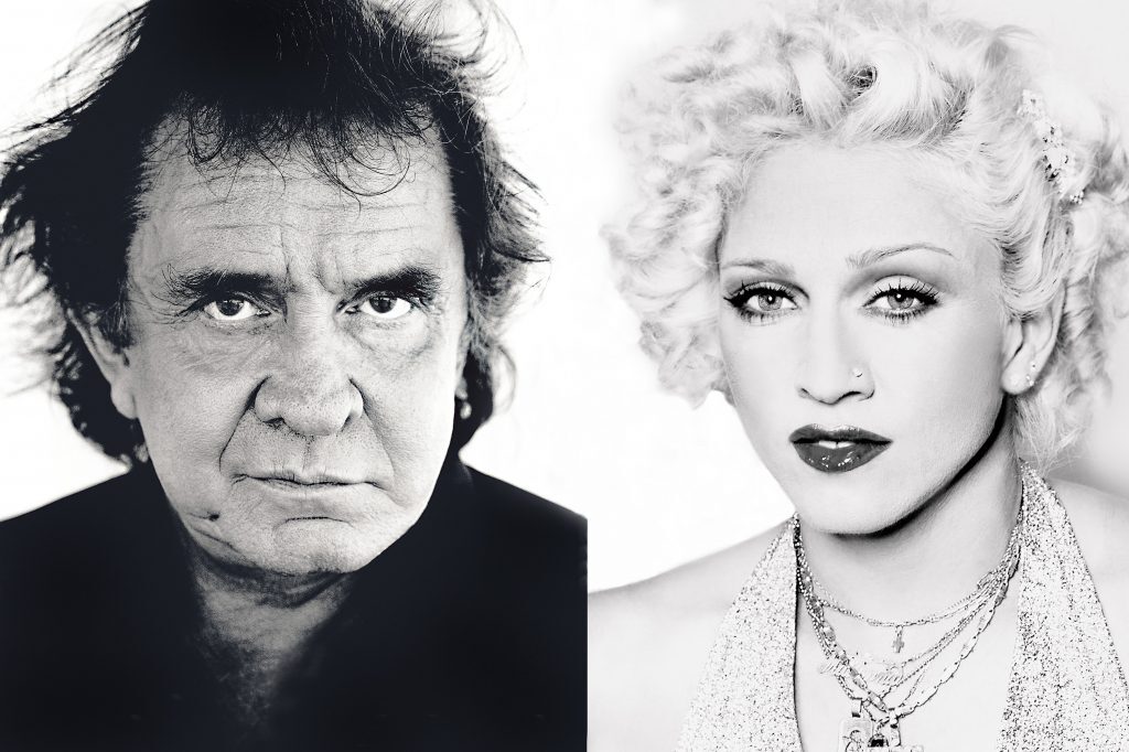 Black and white portrait showing Johnny Cash with dark messy hair and stern expression alongside Madonna with curly hair and dark lipstick.