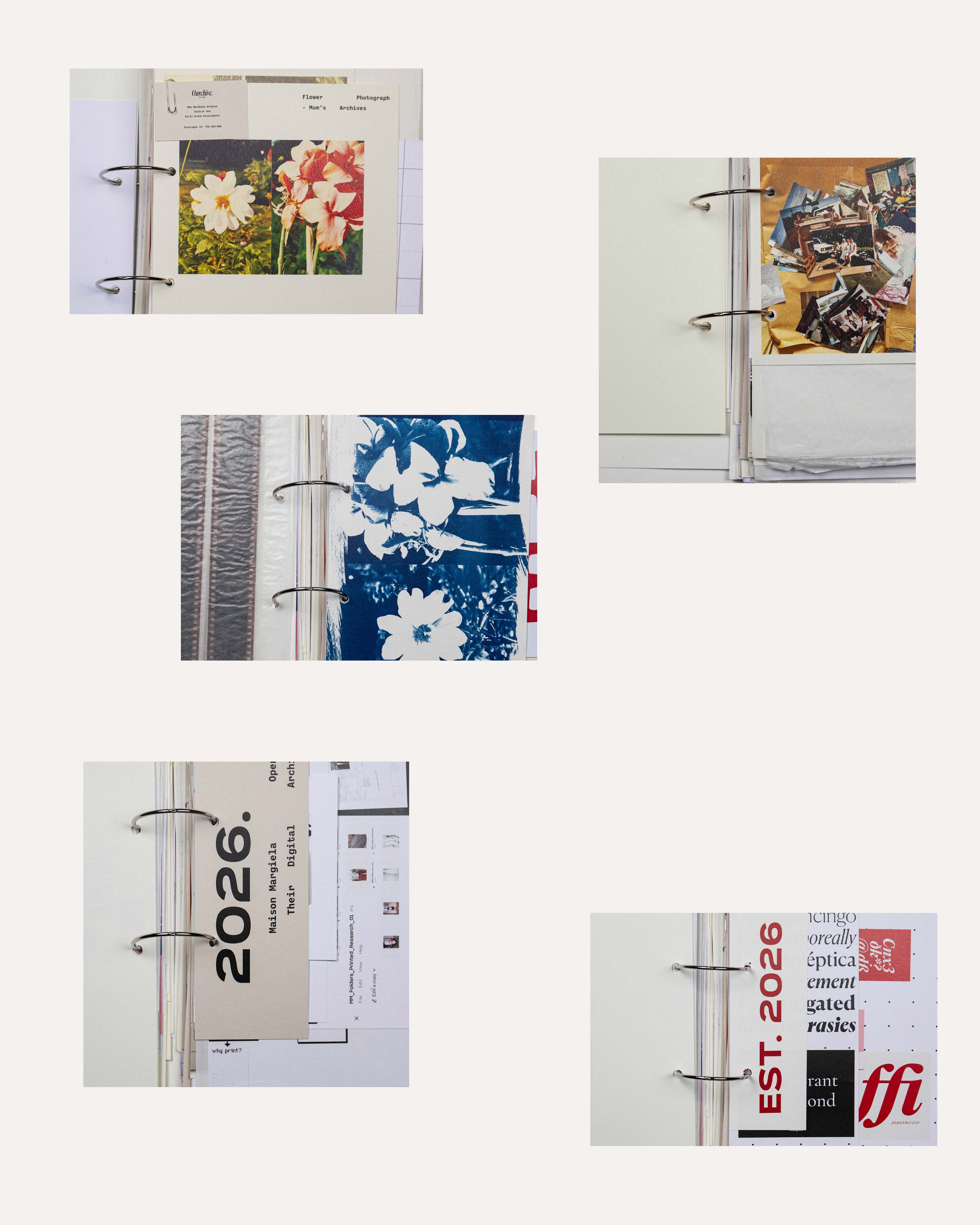 A flat lay of an open binder showcasing various pages. The pages include floral designs, a collage of images, a blue-white floral print, a document labelled '2026', and another page with text and graphics, all arranged in an artistic layout.