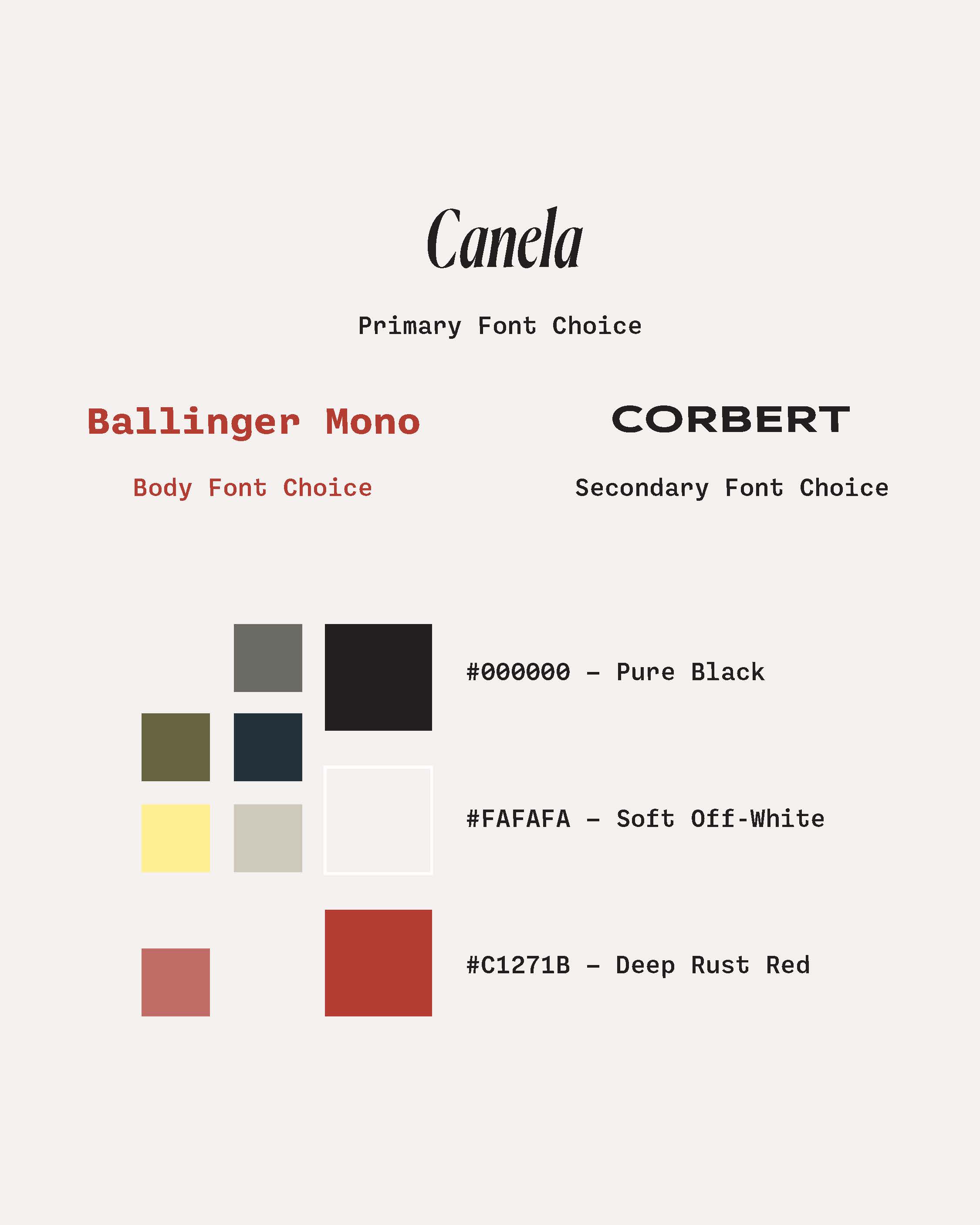 A design layout displaying font choices and colour swatches. The primary font is "Canela", with "Ballinger Mono" as the body font and "Corbert" as the secondary font. The colour palette includes Pure Black, Soft Off-White, and Deep Rust Red.