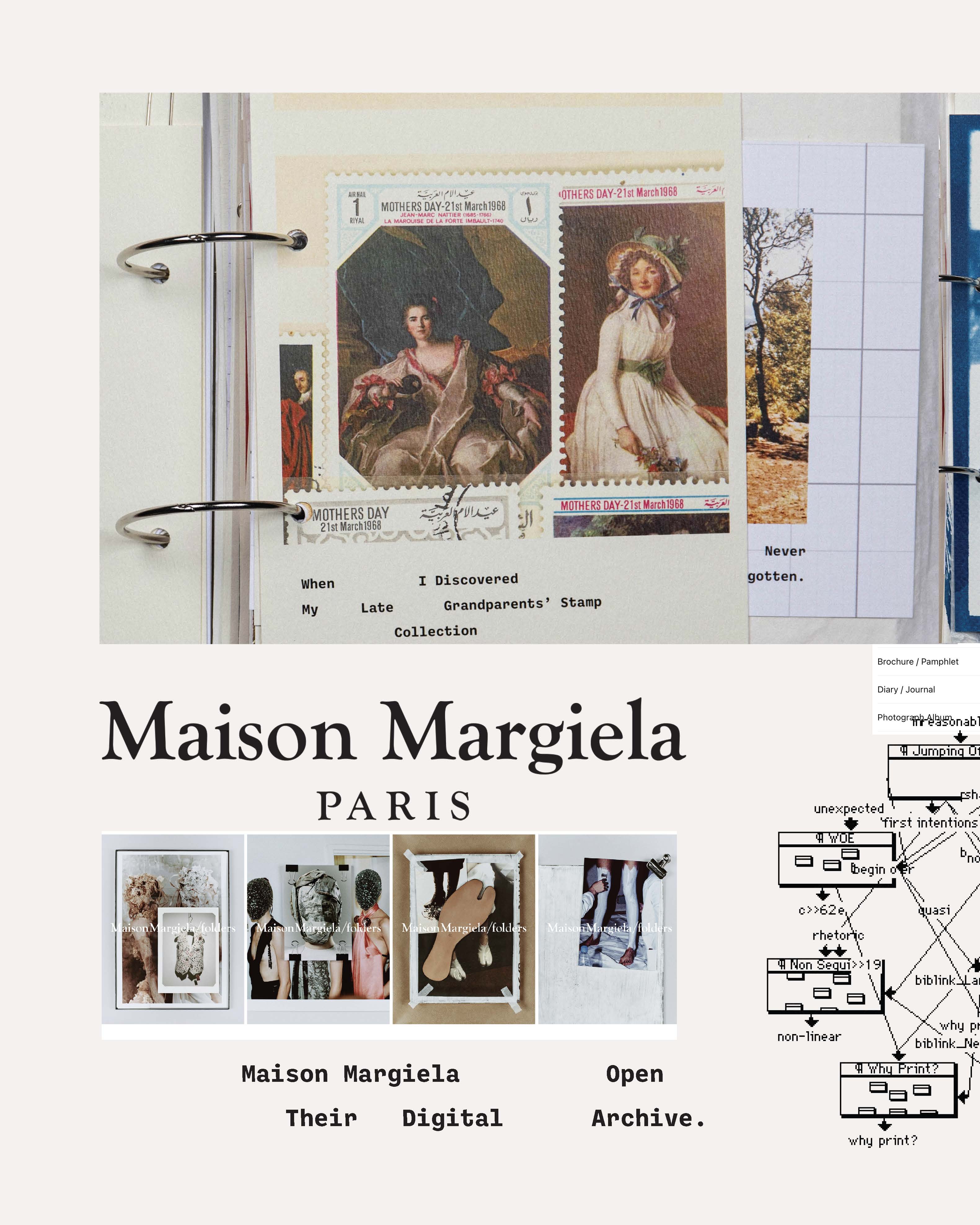 An open scrapbook page featuring various images including vintage postcards, artworks, and handwritten notes. Below, a title reads 'Maison Margiela PARIS,' accompanied by smaller images and text stating 'Maison Margiela Open Their Digital Archive.'