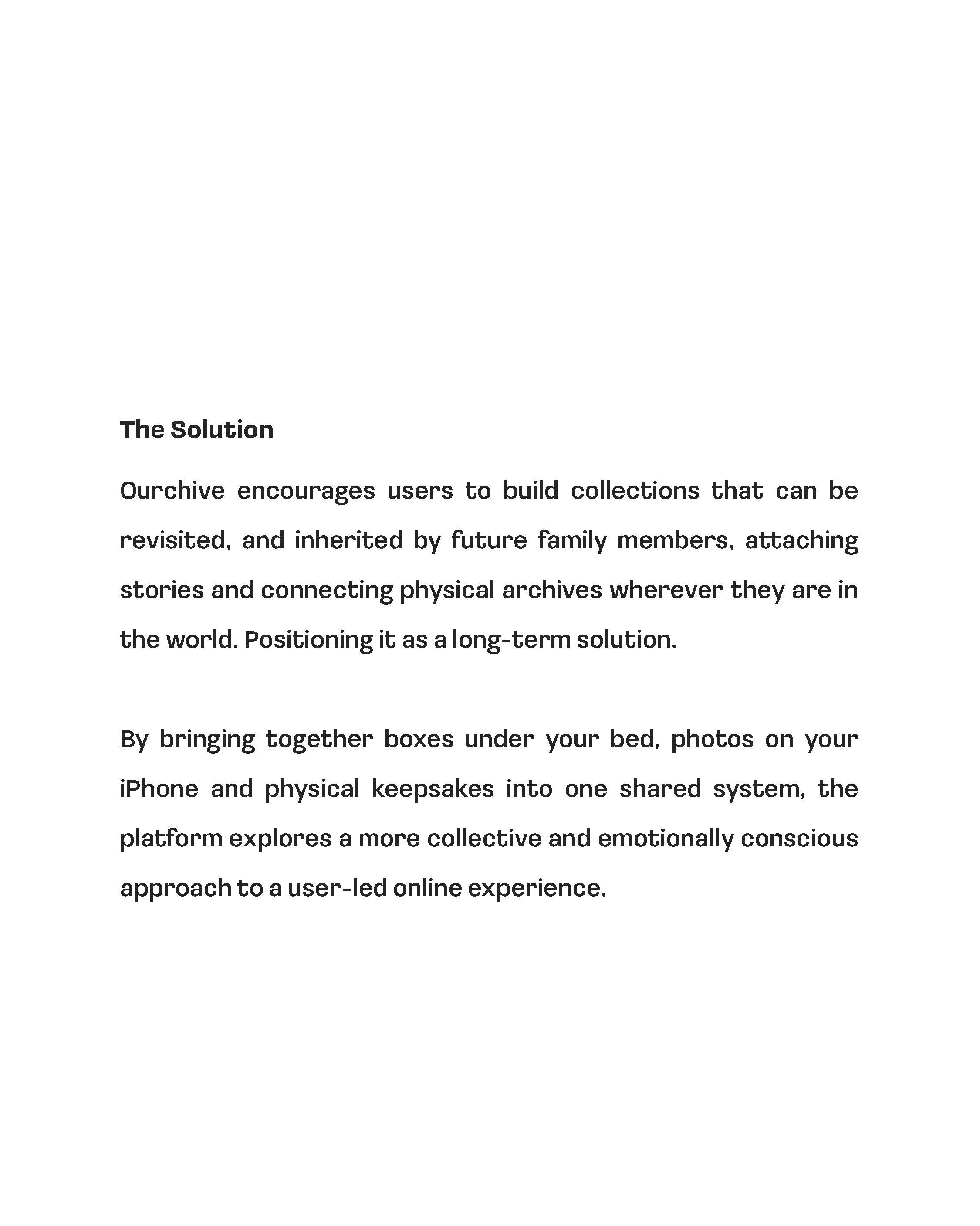 A printed document titled 'The Solution' discussing a platform named Ourchive, focusing on building collections of stories and physical archives that can be shared and inherited. The text explains the approach to creating a combined digital and physical experience.