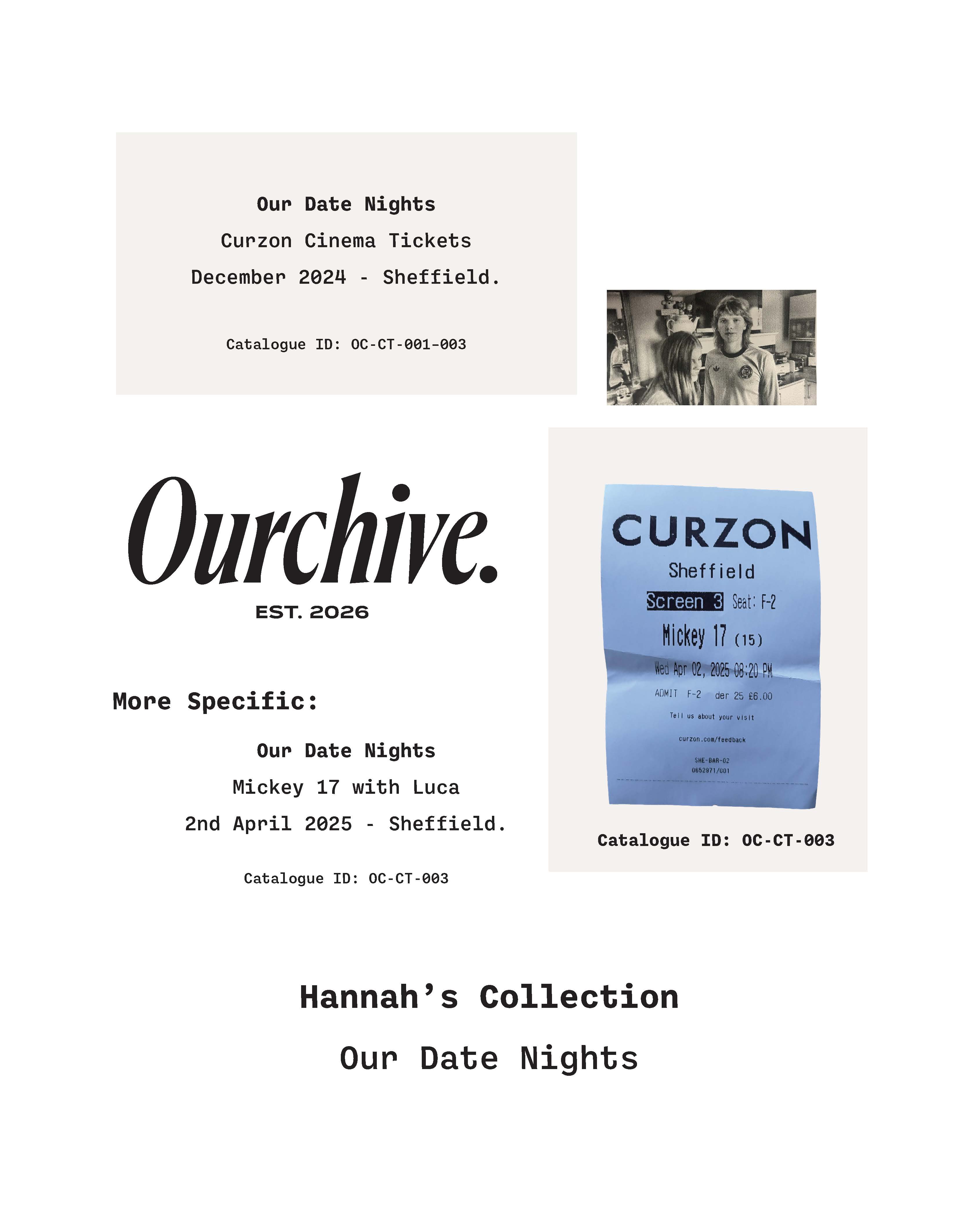 A collage featuring two Curzon cinema tickets for date nights. The left ticket is dated December 2024, and the right ticket is for a screening of "Mickey 17" on 2nd April 2025 in Sheffield. Above is the text "Our Date Nights" and below, "Hannah's Collection".