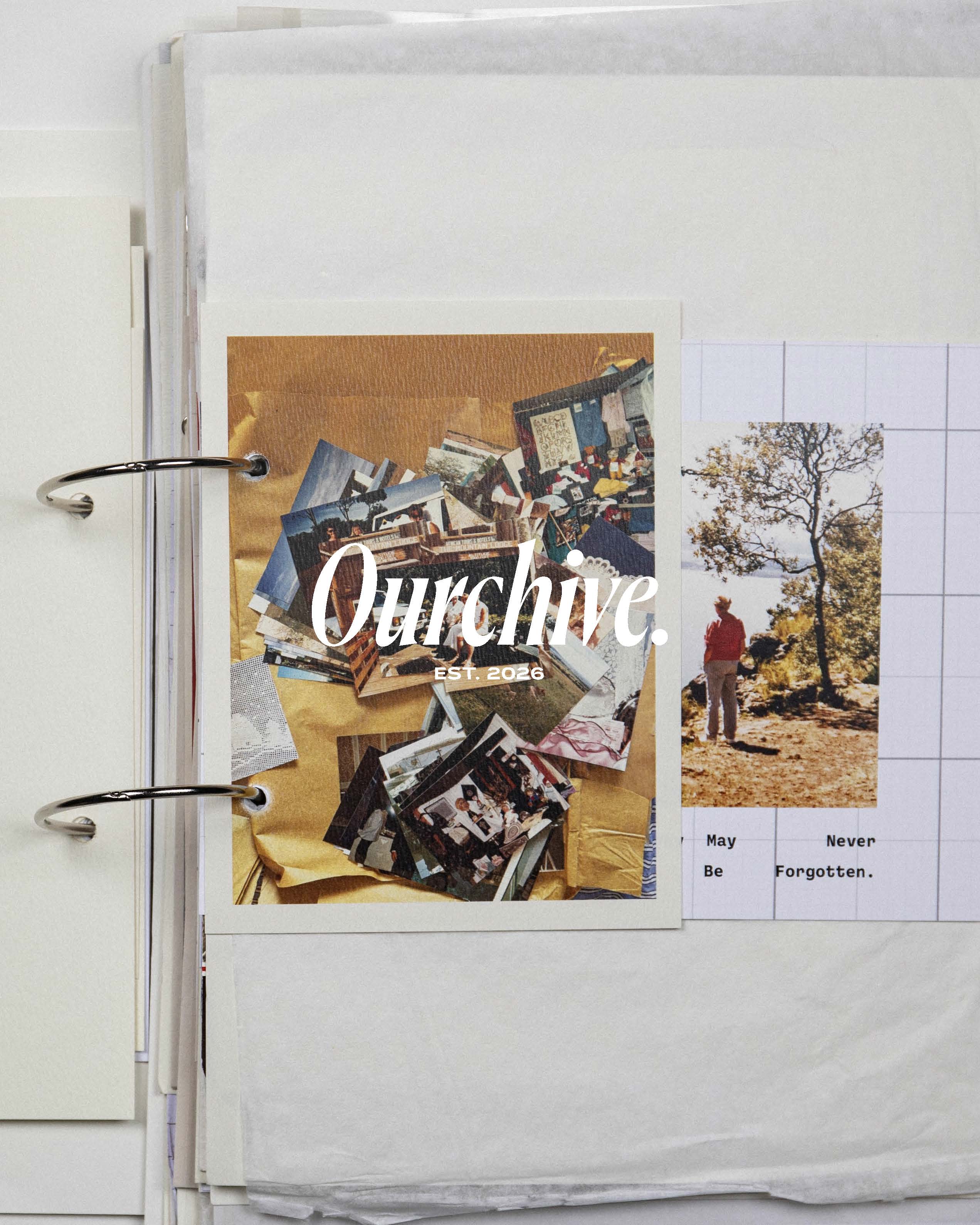 A collage of photographs arranged on a brown surface, accompanied by a card that reads "Ourchive, est. 2018." Nearby is a grid layout featuring the text, "May Never Be Forgotten," alongside an image of a person standing under a tree.