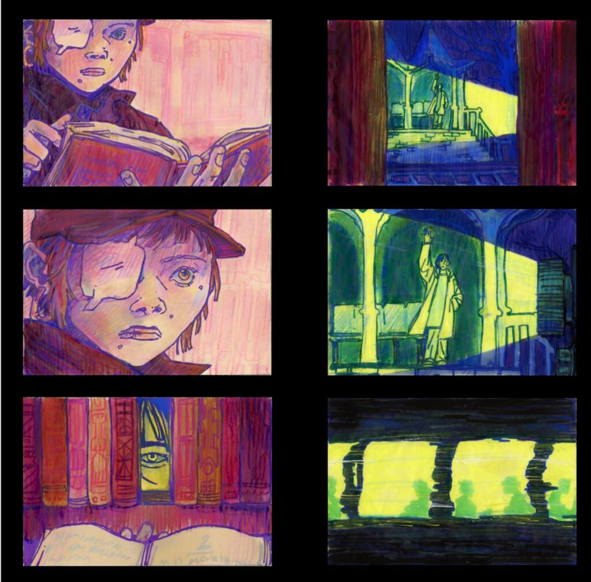 Comic strip of a character in a pink room looking out at someone in bright neon lighting at a train station.