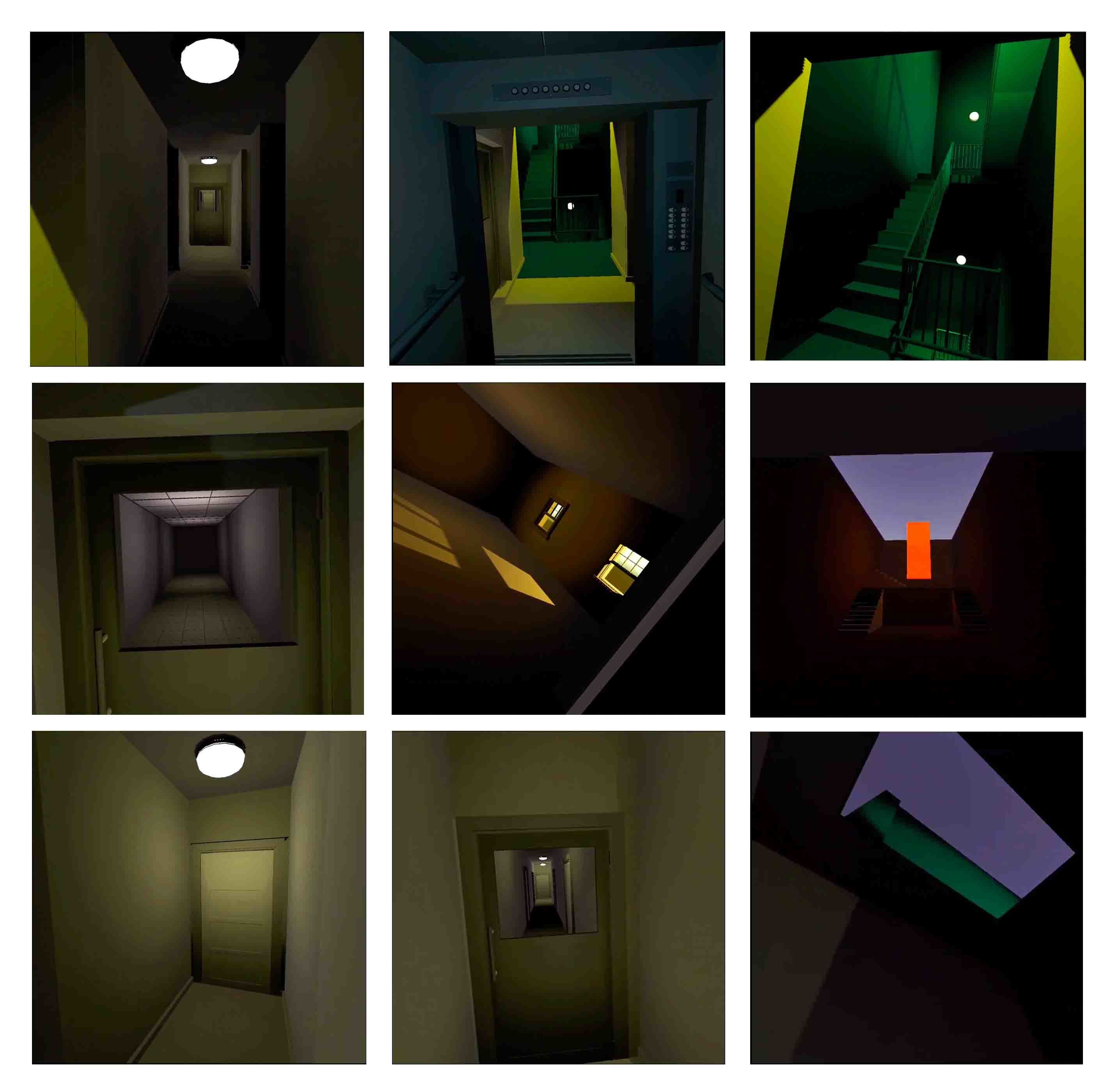 Nine virtual reality square images of the inside of a building arranged in a grid.