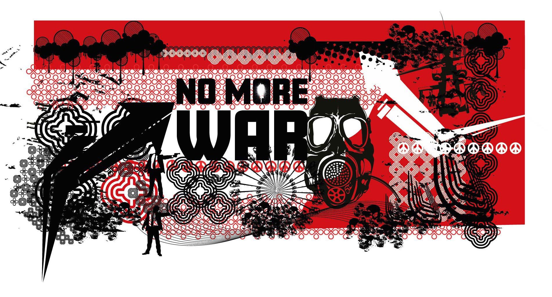 Red, white and black artwork with the words 'No More War' in the middle.