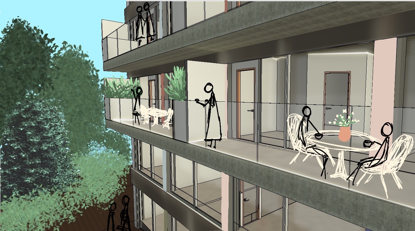 Illustration of grey concrete apartment building with multiple levels, green trees on left, stick figure people on balconies and terraces.