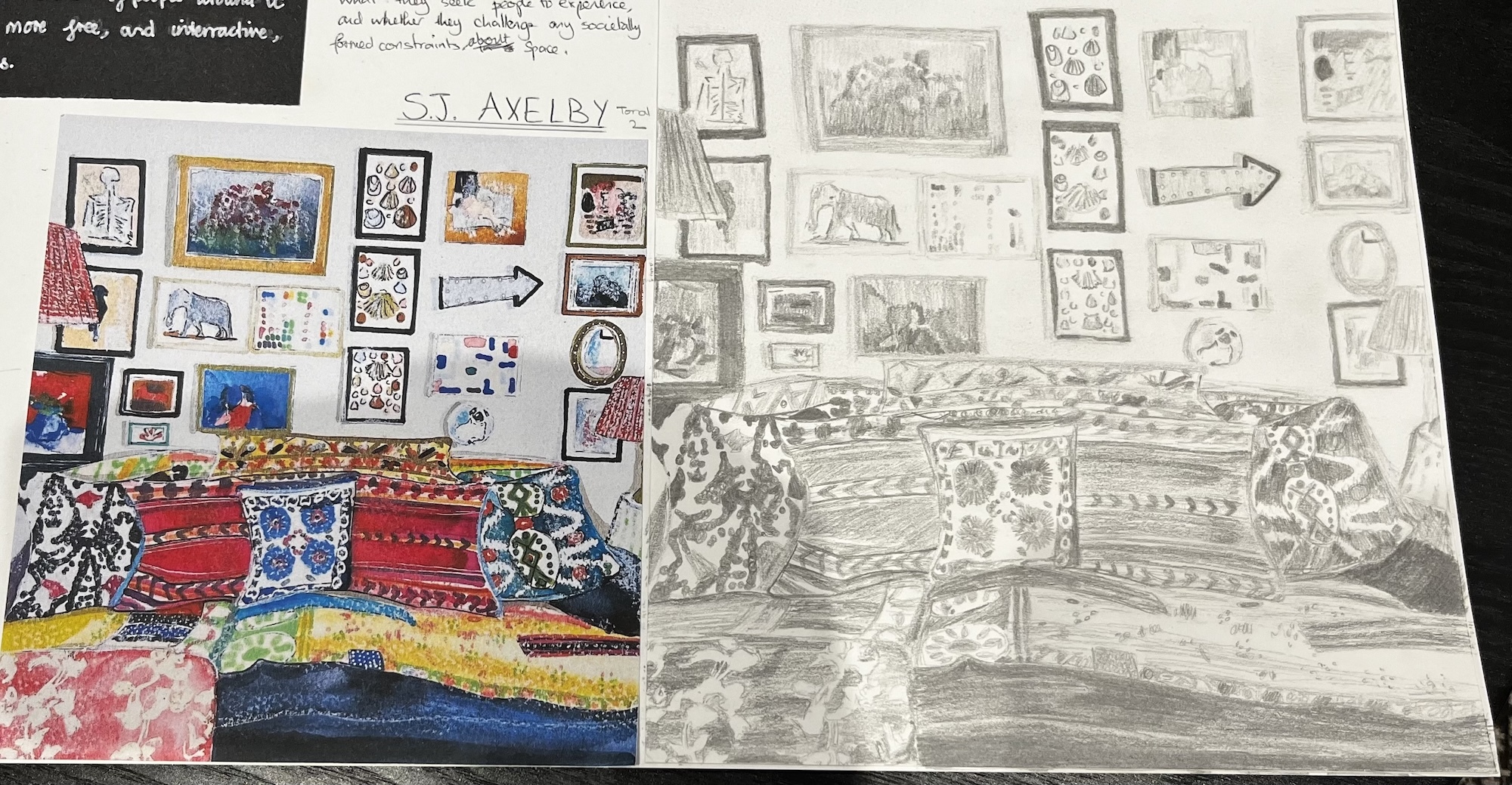 Open sketchbook showing colourful mixed-media artwork on left page with reds, blues, yellows; right page displays grid of small black and white sketches and studies.