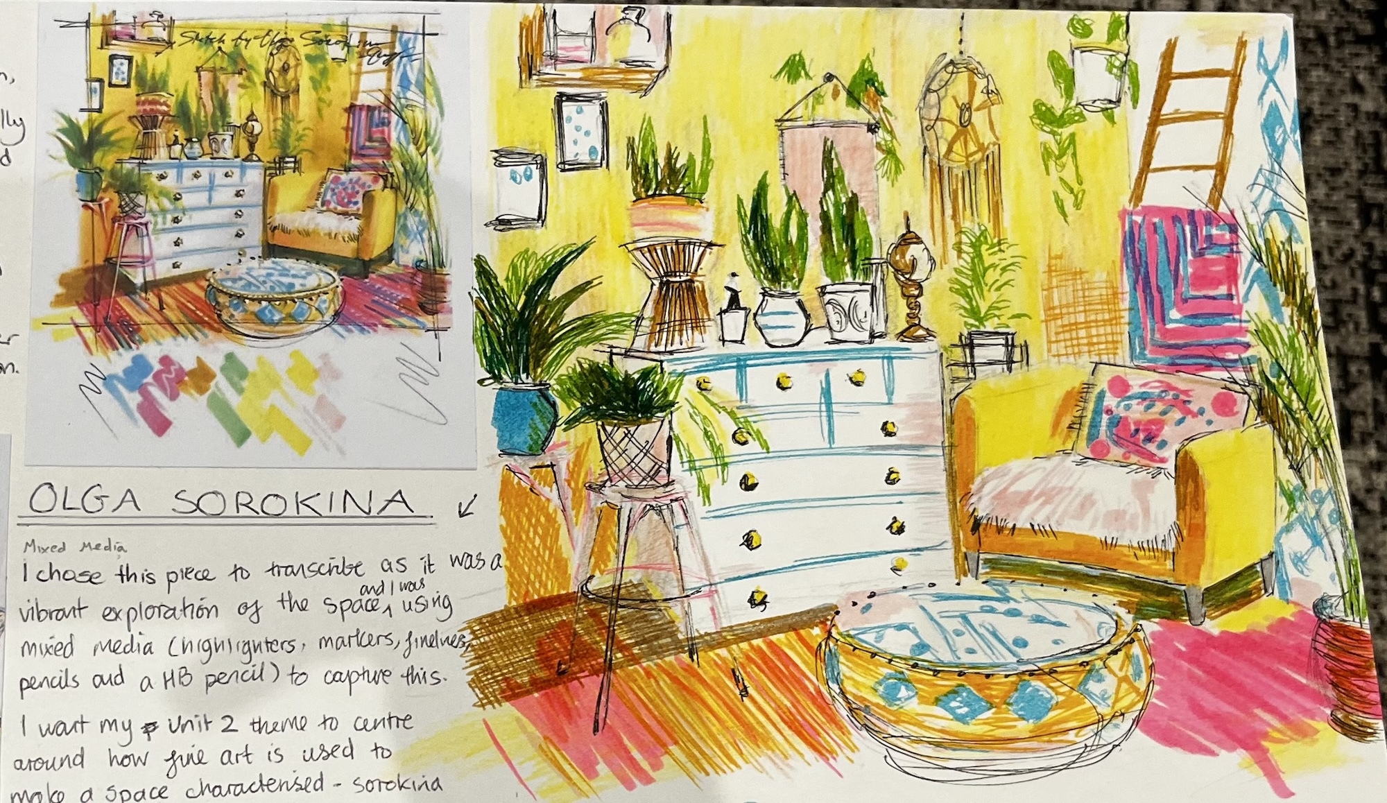 Watercolour illustration of bright yellow interior with white chest of drawers, potted plants, patterned chair, and colourful details throughout room.
