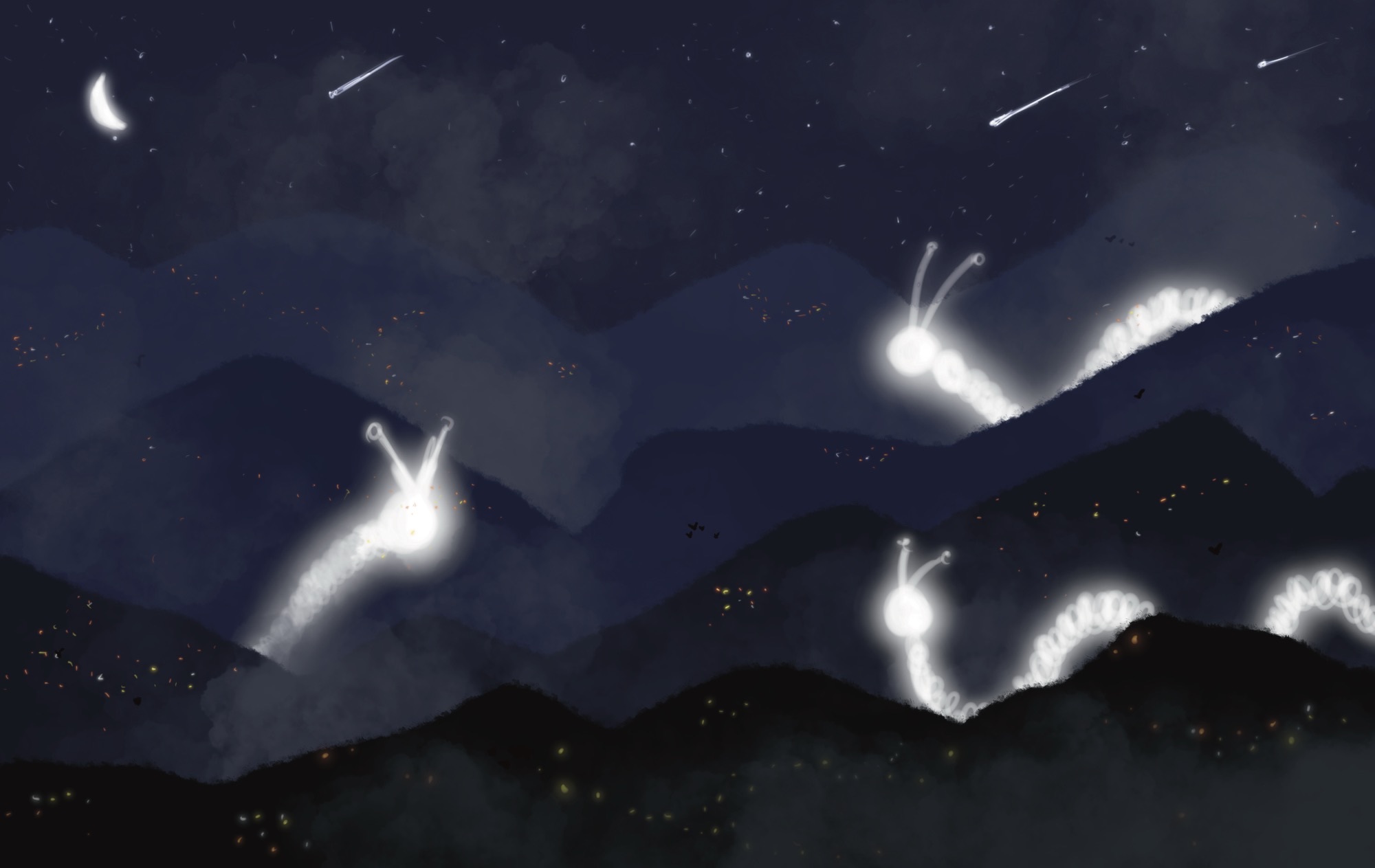 Dark night sky with white streaks and bright white light beams above silhouetted mountain ridges. Deep blue and black tones throughout.