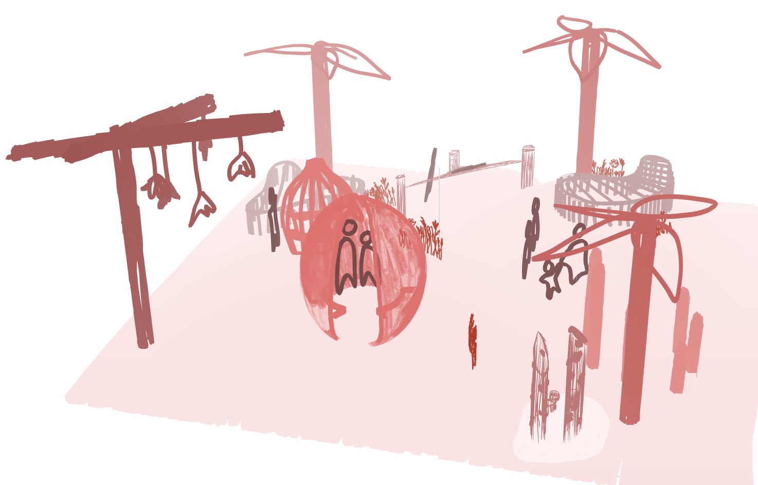 An abstract illustration of a play area featuring stylised equipment. A round play structure with figures and several climbing frames are visible. The scene is predominantly in shades of red with hints of grey and white.