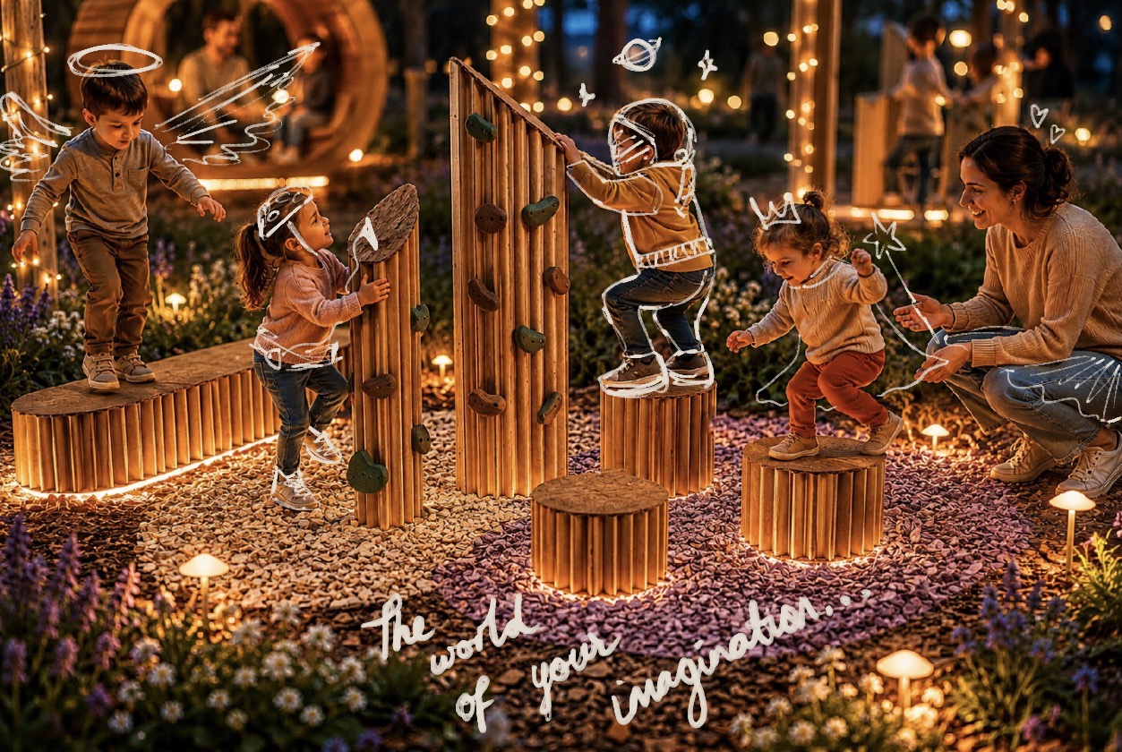 A playful outdoor scene featuring several young children interacting with a wooden climbing structure surrounded by illuminated decorations and flowers. A woman supervises the children, who are climbing and exploring the installation.