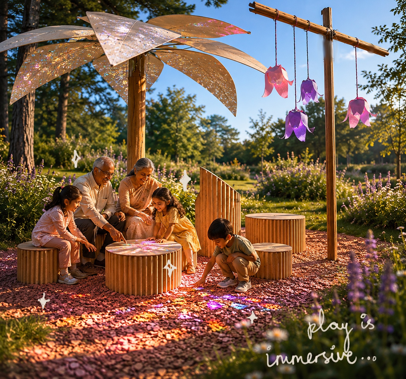 A family of four, including two children, gathers in a park setting under a large, decorative canopy. They interact with colourful projections on the ground while seated on wooden stools surrounded by flowers and greenery.