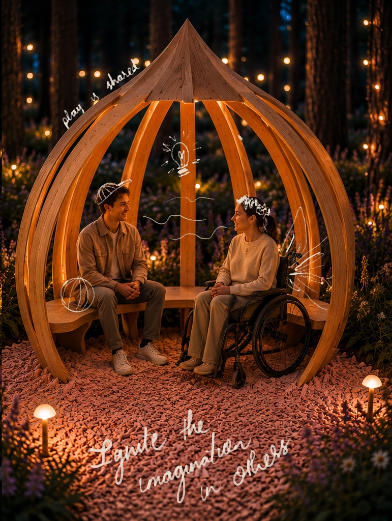A man and a woman seated inside a wooden gazebo structure in a forest setting, surrounded by flowers and soft lighting. The woman is in a wheelchair, and both individuals appear engaged in conversation.