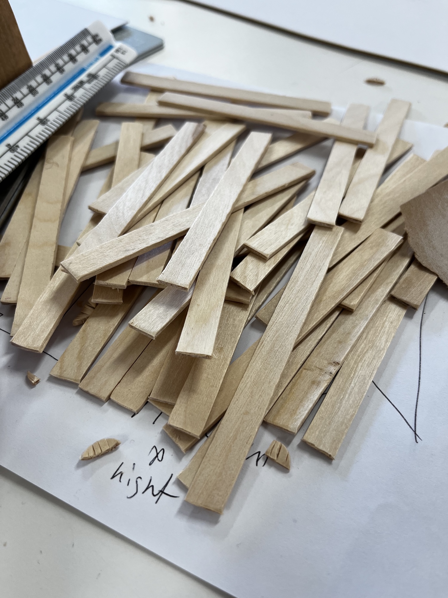 A pile of thin wooden craft sticks lies on white paper, with a measuring tool partly visible at the top left.