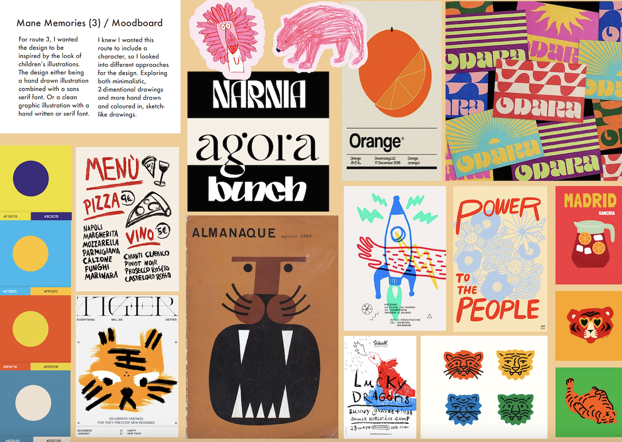 Mood board showing various colourful illustrations of animals and branding designs. Two blocks of text appear in the top-left corner of the page.