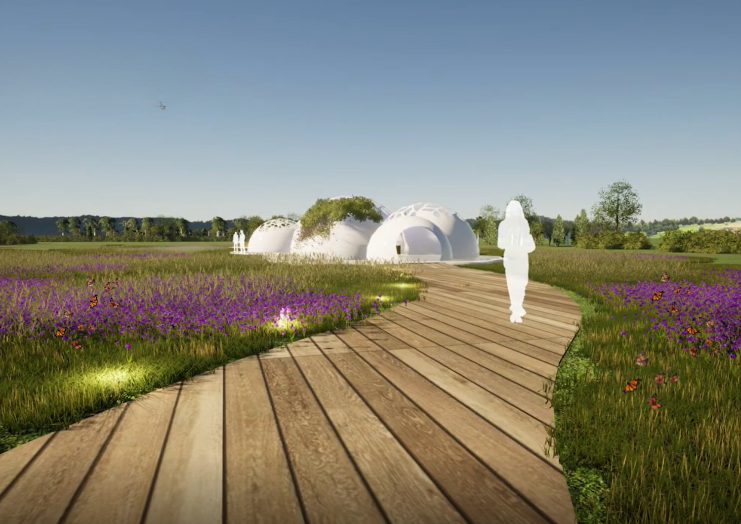 A render of a garden site with a wooden boardwalk, purple flowers, lights, and white, spherical buildings in the background.