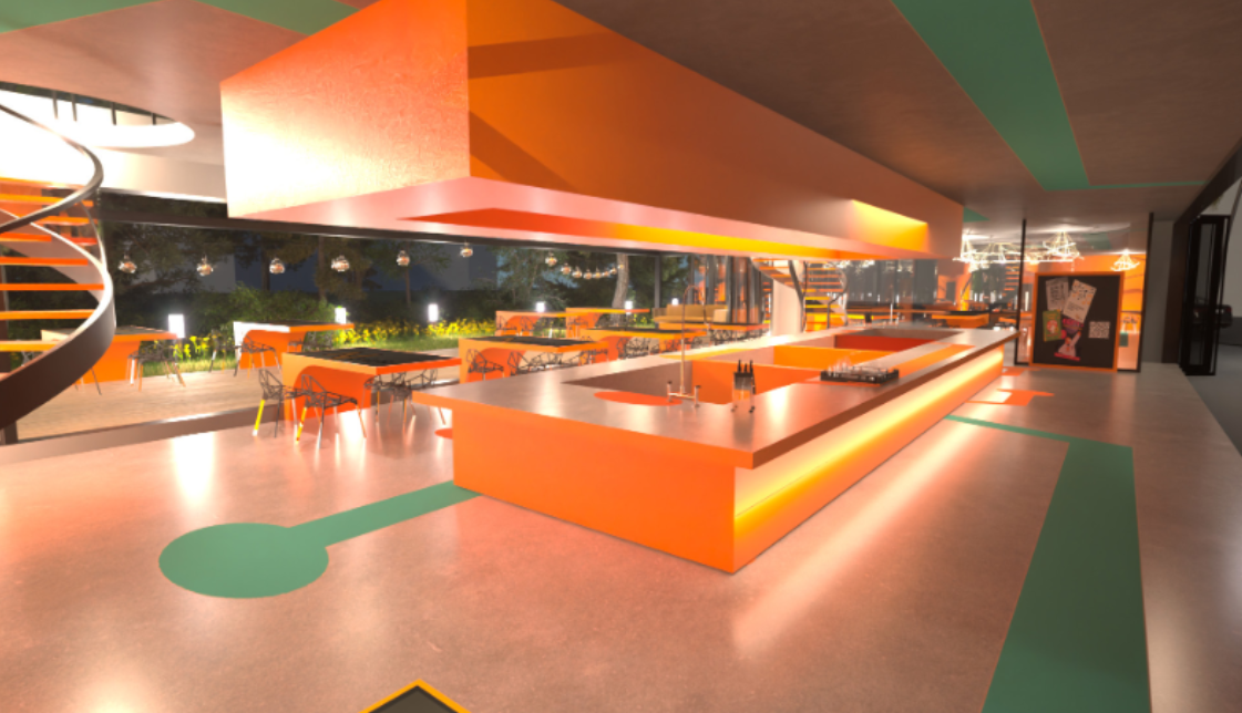 A render of a modern interior kitchen, with an orange island, chairs, tables, lighting and green accents.