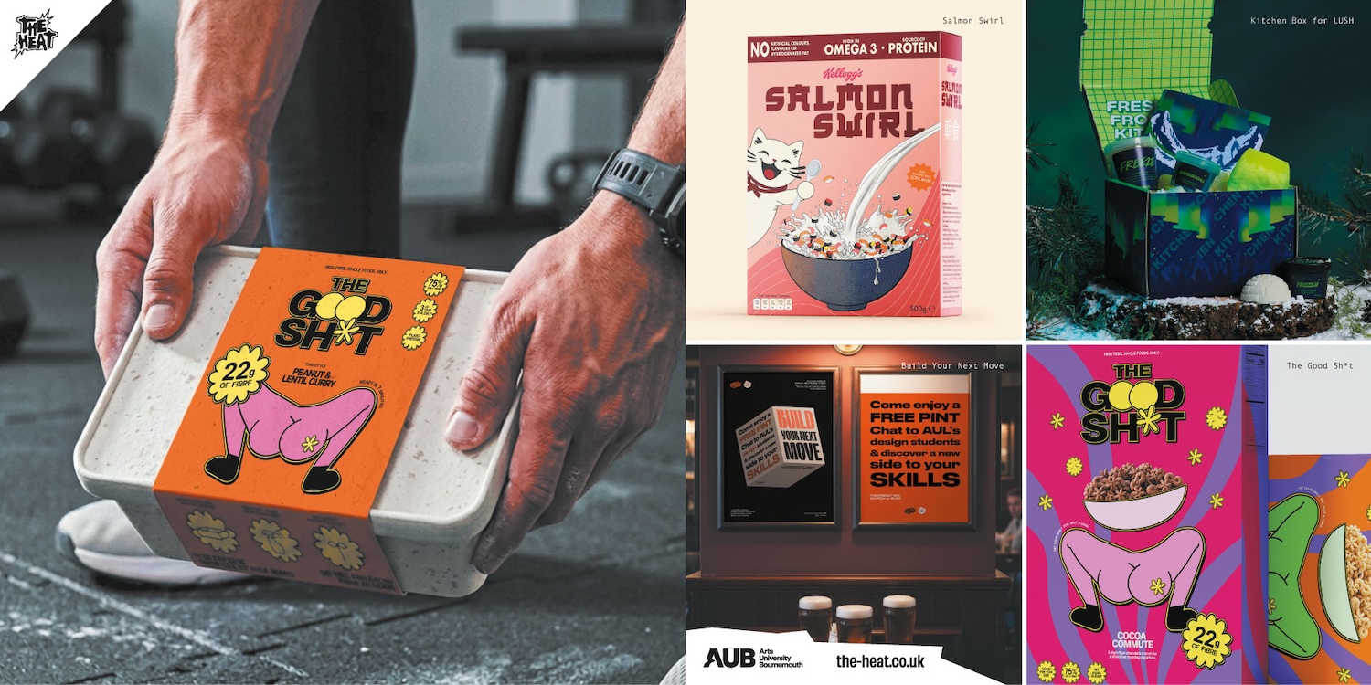 An orange-packaged snack box with a cartoon pink character is held by two hands, with tiled food packaging designs shown in a collage beside it.