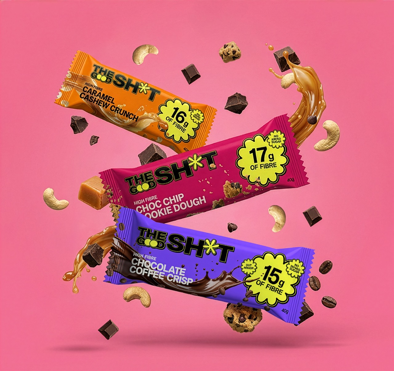 Three flavours of snack bars arranged against a pink background. The bars include Caramel Cashew Crunch, Choc Chip Cookie Dough, and Chocolate Coffee Crisp, each highlighting their fibre content and brand logo.
