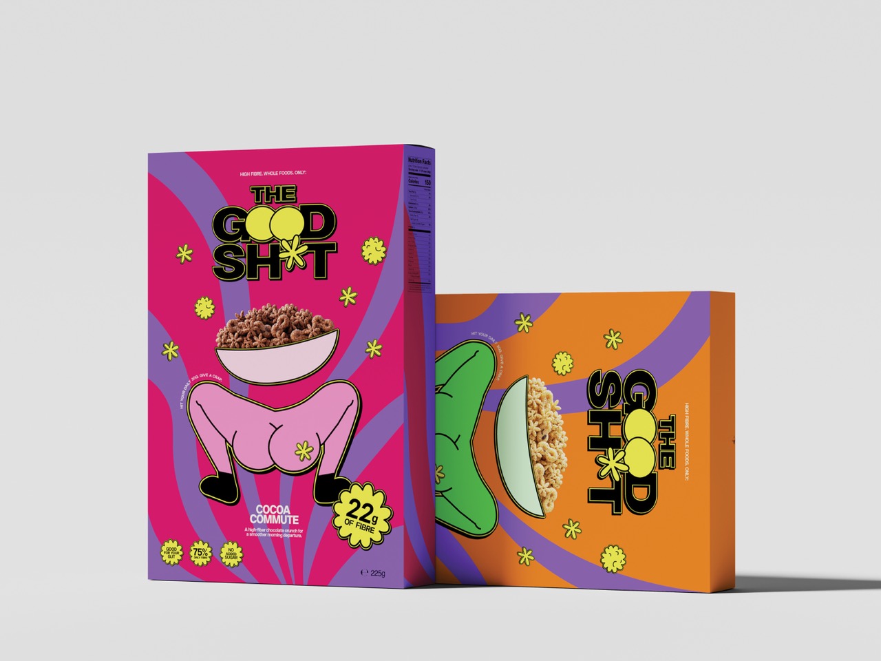 Two cereal boxes are displayed. The box on the left is pink with the text 'THE GOOD SHOT' and features a drawing of a bowl of cereal. The box on the right is orange, also labelled 'THE GOOD SHOT,' with a playful illustration and cereal in a bowl.