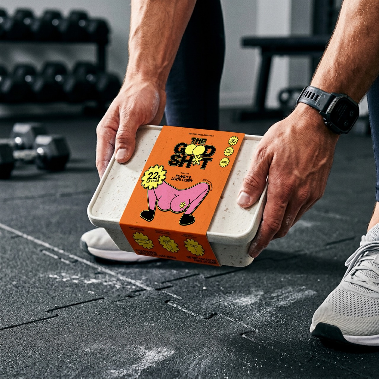 A person wearing a grey sports shoe and a black watch holds a rectangular box with colourful packaging featuring cartoon artwork. The box has the words "THE GOOD SH*T" prominently displayed and is placed on a rubber gym floor with weights in the background.