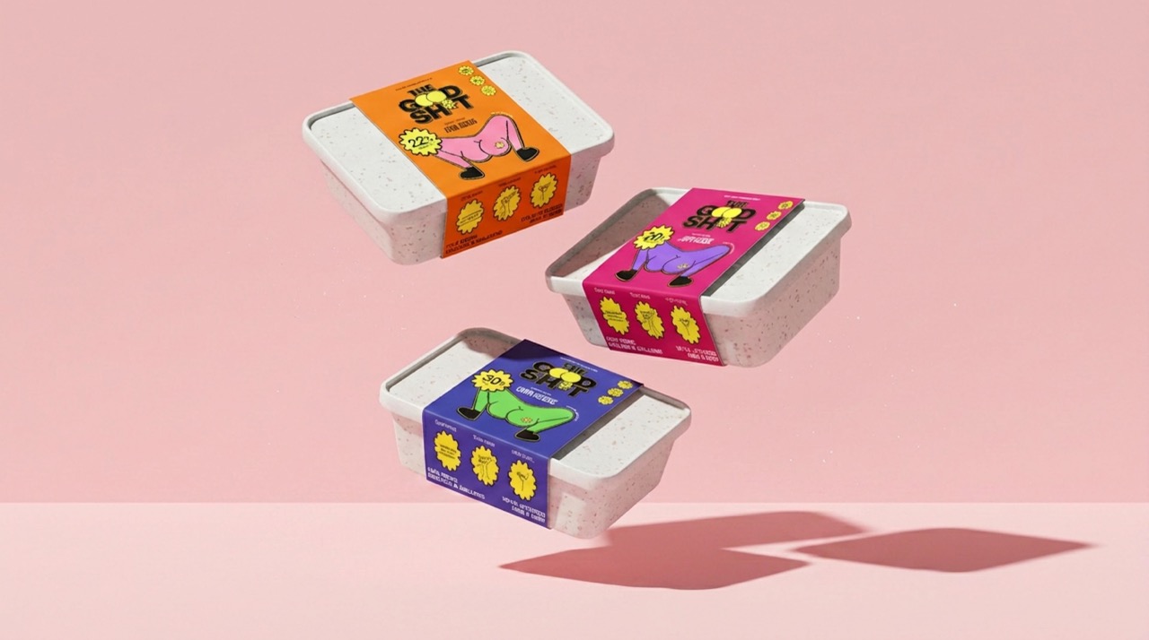 Three food containers with colourful labels featuring playful illustrations. The containers are arranged in a diagonal formation against a light pink background, with the labels displaying various colours: orange, pink, and blue.