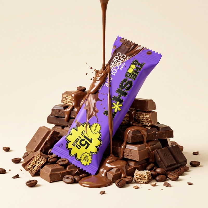 A purple snack bar wrapper leaning against a mound of assorted chocolate pieces, including blocks and wafers. Liquid chocolate is drizzling down from above, and coffee beans are scattered around the base.