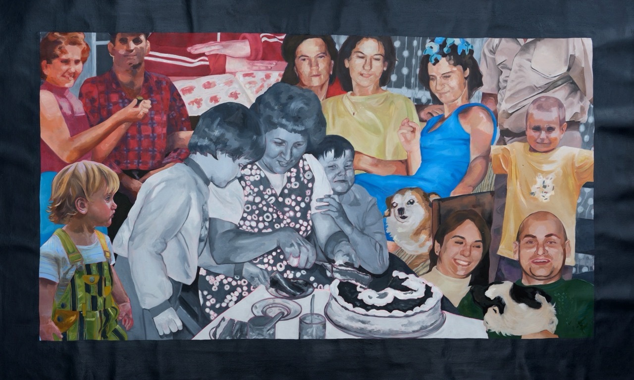 Collage artwork featuring central black and white image of couple at birthday cake surrounded by colourful family photographs.