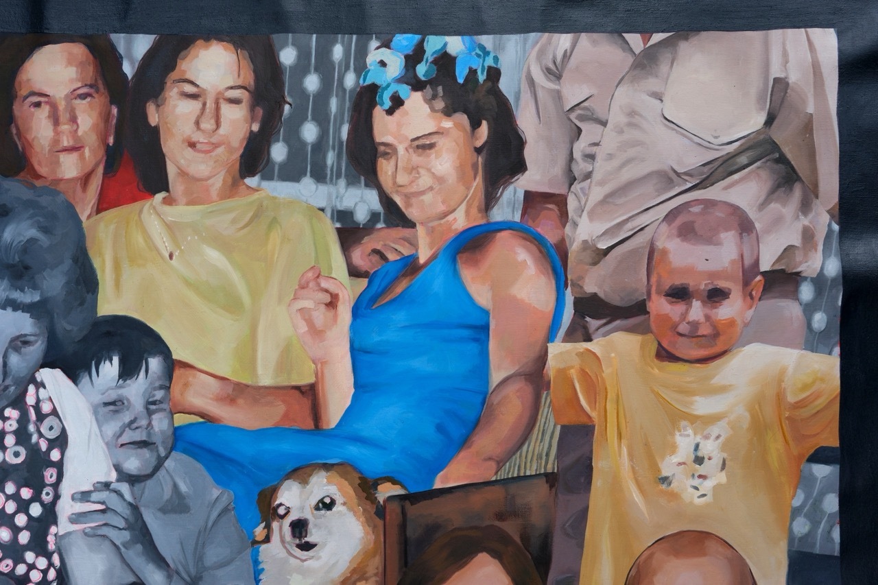 Collage of portraits featuring people in colourful clothing - yellow tops, blue dress - alongside black and white images, with a small dog visible.