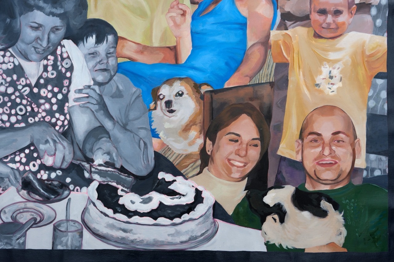 Painted family portrait collage showing multiple people across different time periods, with black and white sections on left, colour figures on right, and small dog in centre.