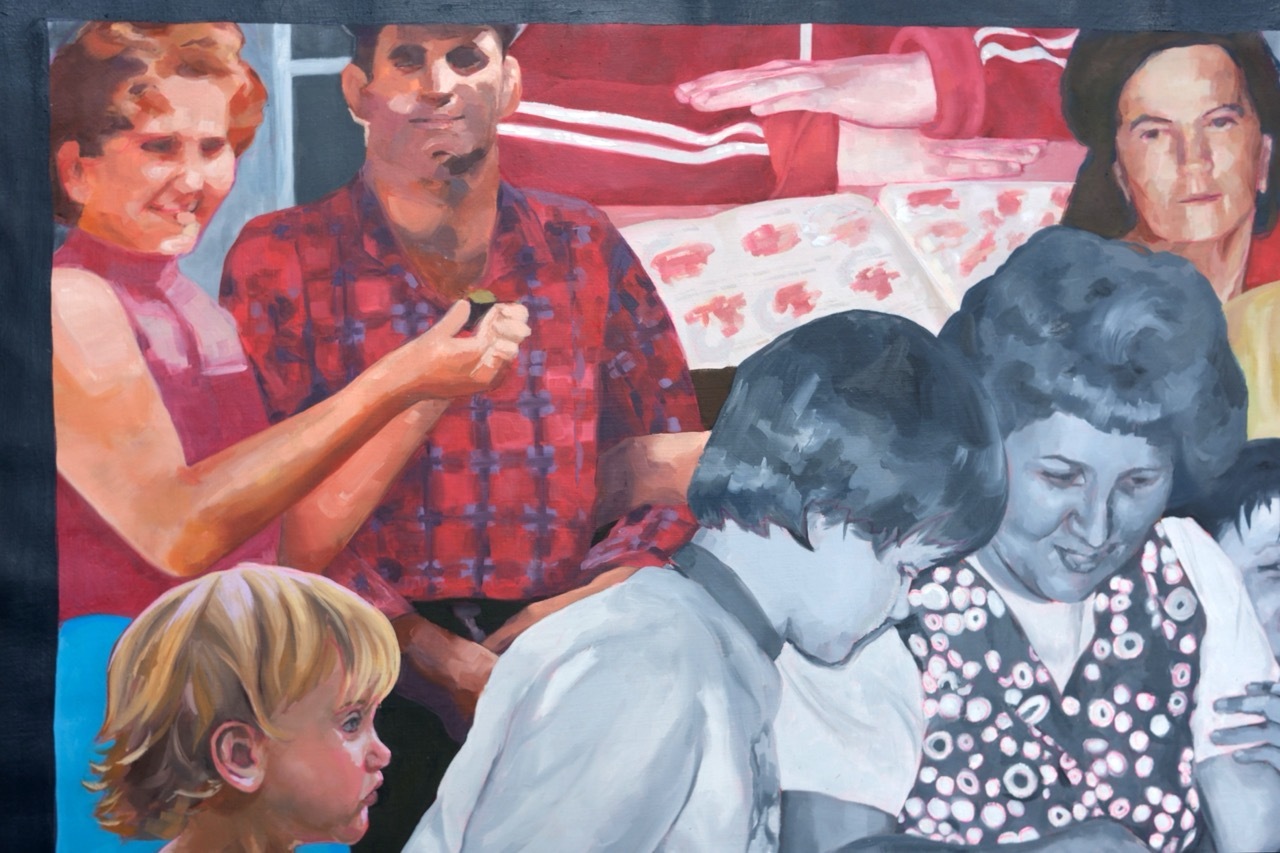 Painting showing multiple figures in domestic scene. Red and white checkered patterns prominent. Blonde child in foreground, adults in background with warm flesh tones and blue accents.