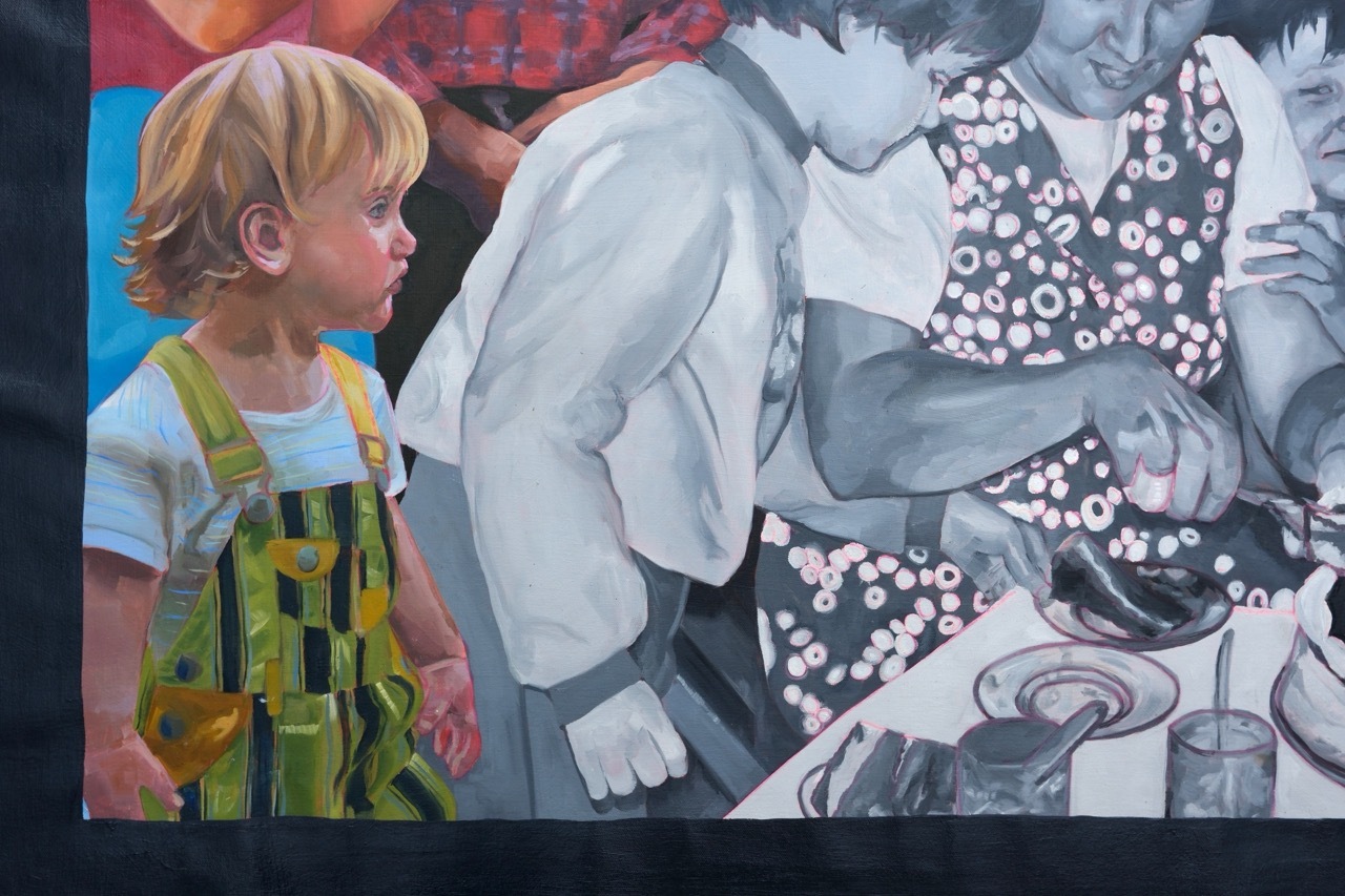 Painting showing blonde child in green dungarees on left, large white figure in centre, grey and pink floral patterns on right side.