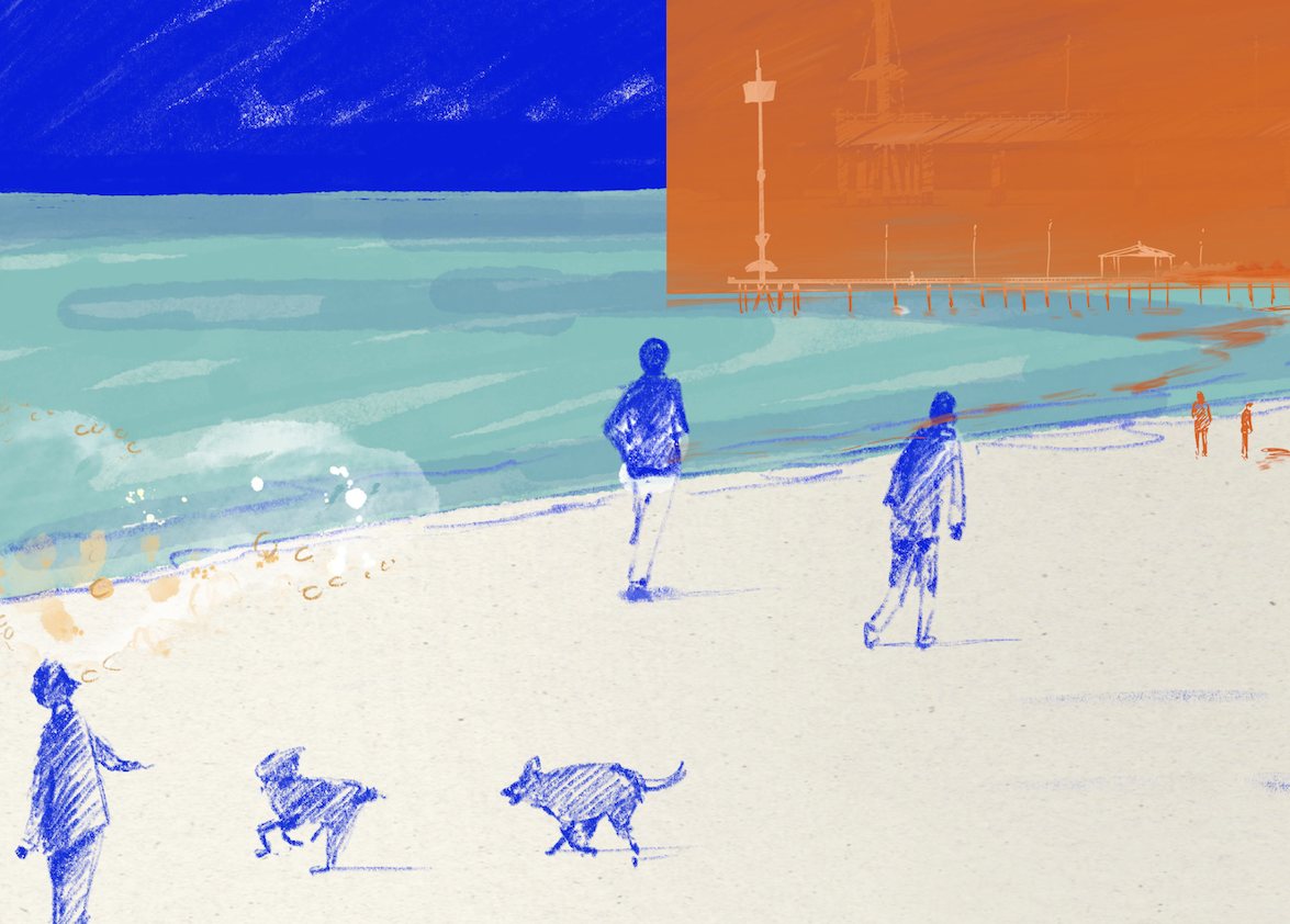 An illustration of a beach scene with a turquoise ocean and sandy shore. Figures are walking along the beach, two of them holding leashes with small dogs. A pier is visible in the background with a light orange sky above.